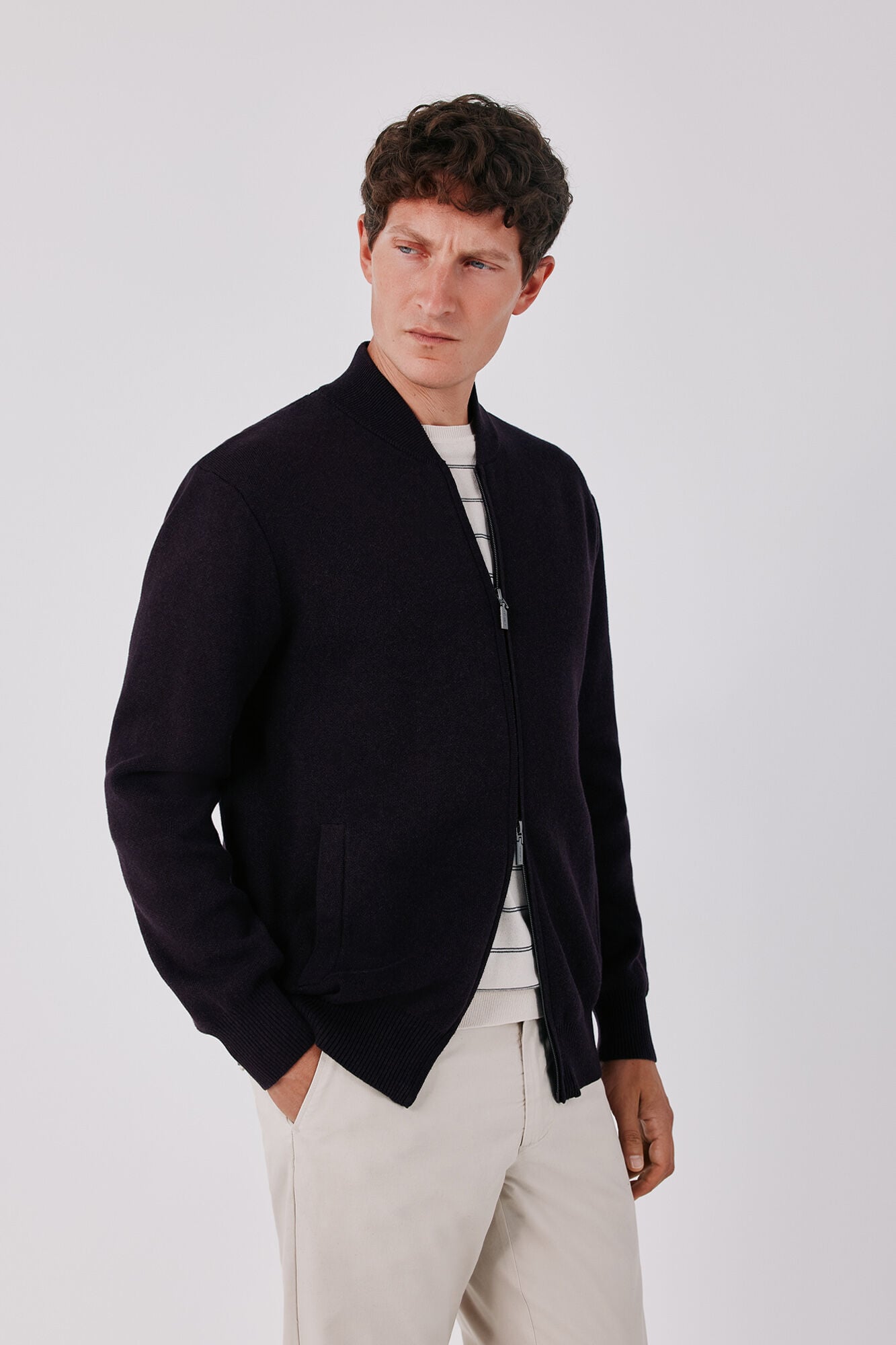 Cortefiel Cotton zip fastening bomber cardigan Purple