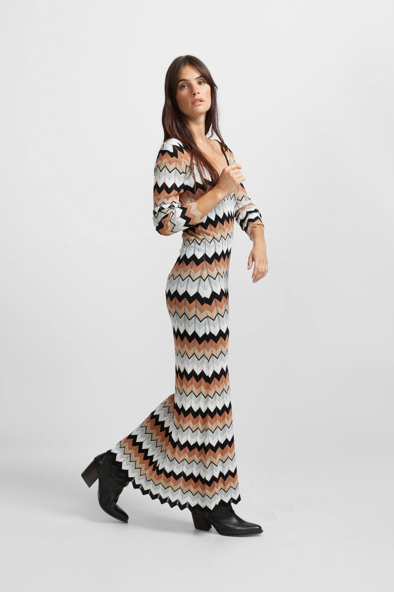 Silbon Long herringbone jersey-knit dress Brown