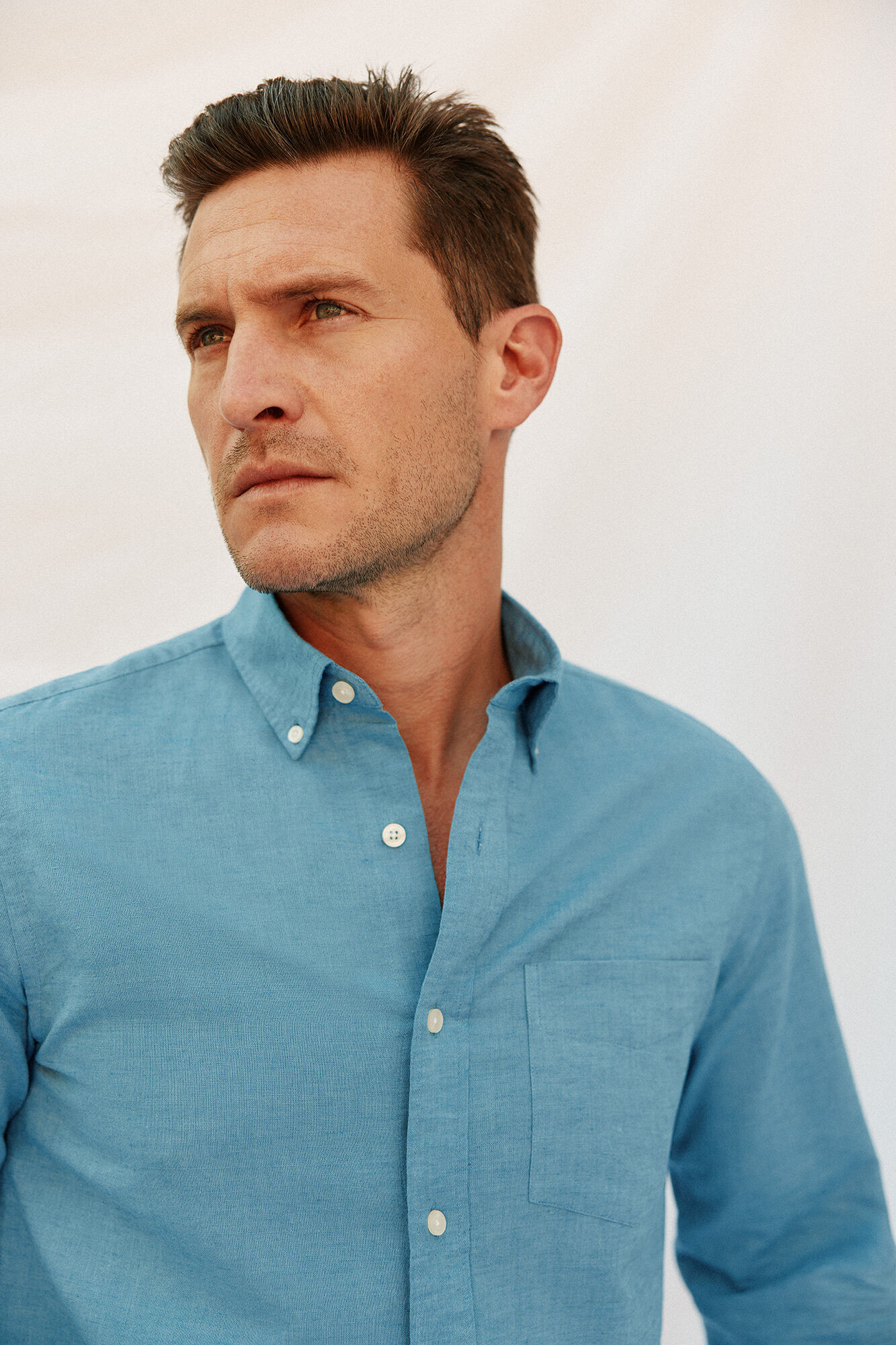 Cortefiel Camisa linho algod&atilde;o liso Azul