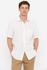 Cortefiel Camisa lino algodón liso manga corta Blanco 