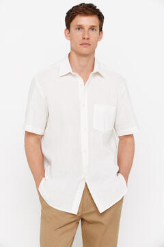 Cortefiel Plain short-sleeved linen and cotton shirt White