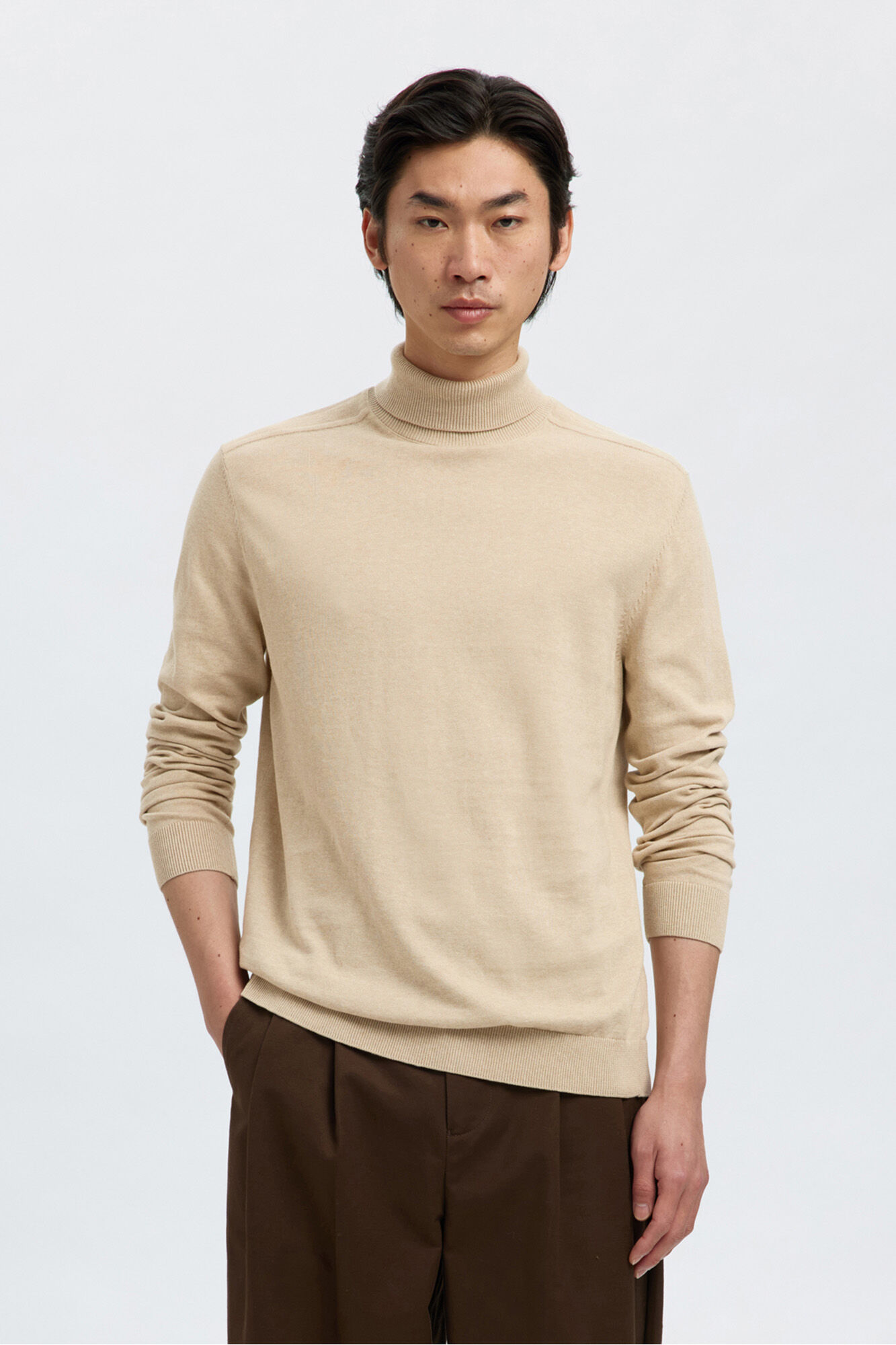 Selected Camisola de gola de algod&atilde;o org&acirc;nico  Tostado