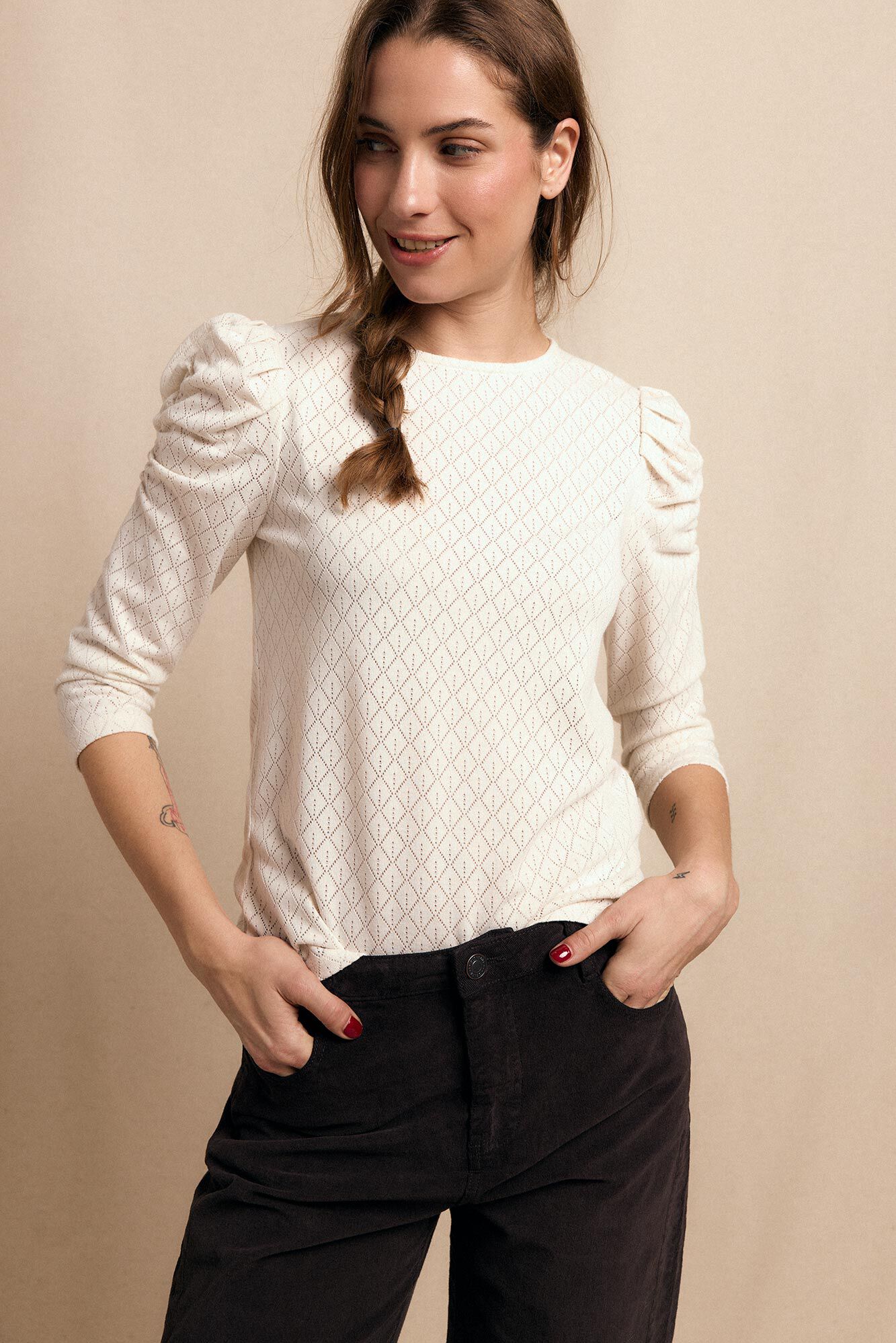 Slowlove Top estruturado com manga bufantes Ecru