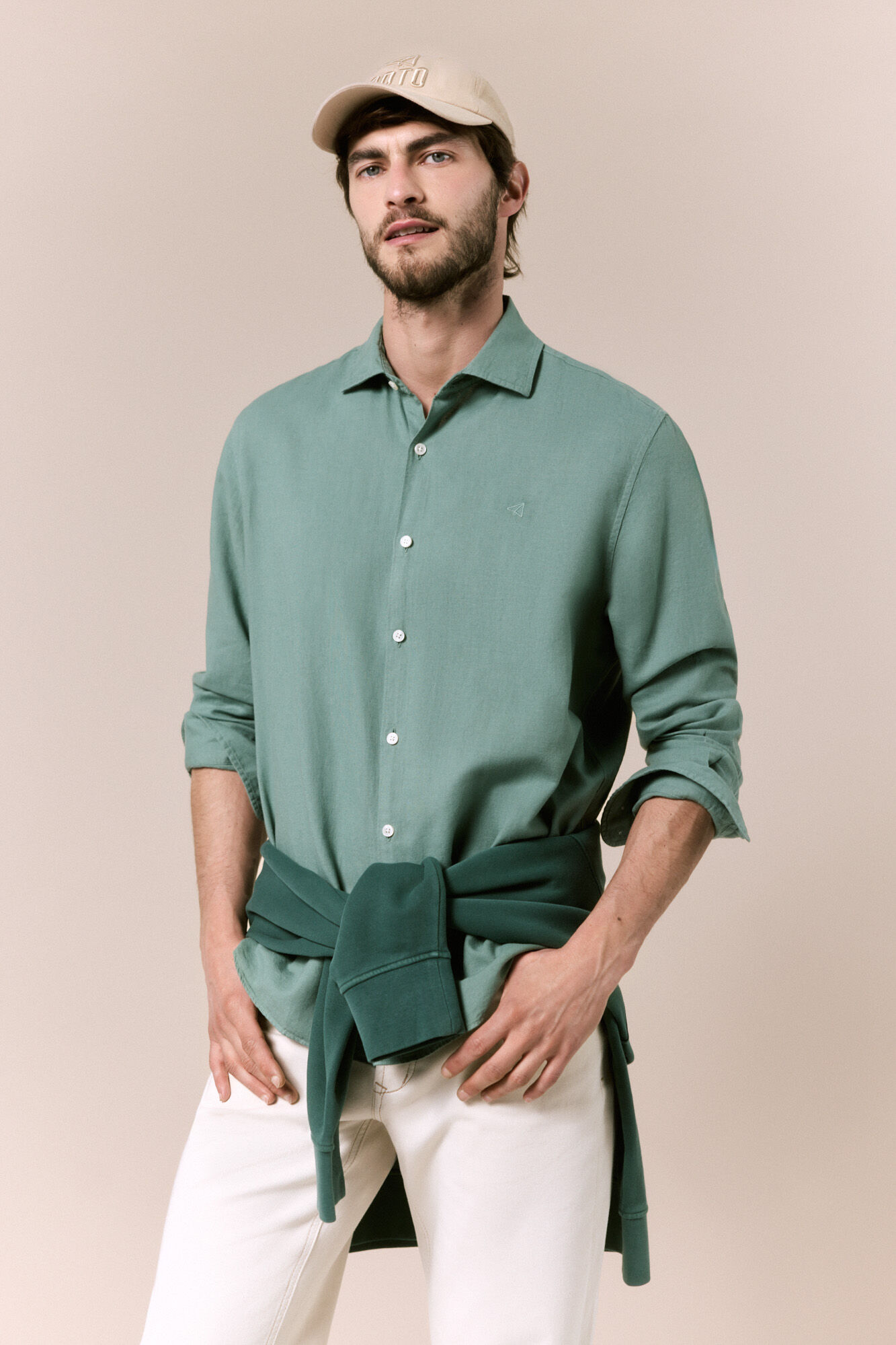 OOTO Camisa manga comprida em algod&atilde;o e linho Verde