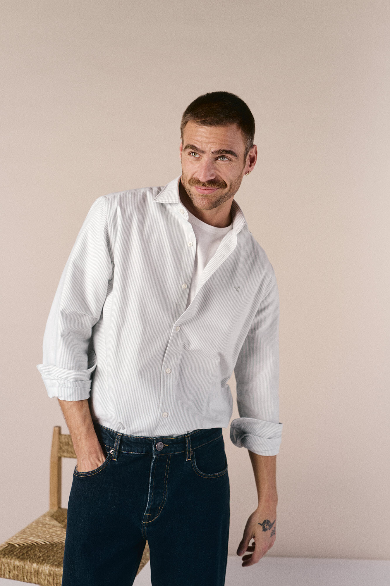 OOTO Oxford pinstriped long sleeve shirt Kaki