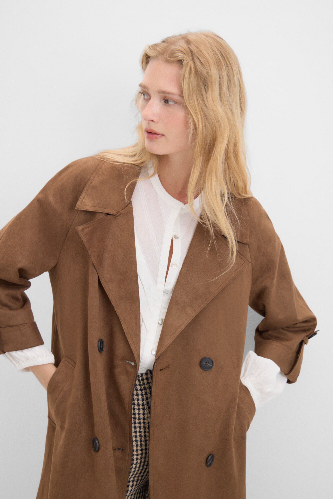Cortefiel Faux suede trench coat Camel