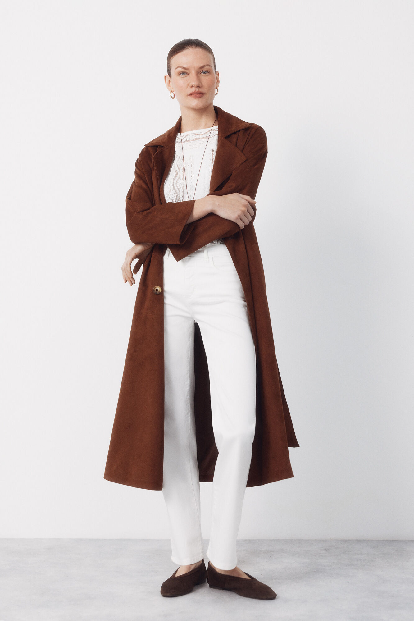 Cortefiel Long trench coat with suede effect Brown