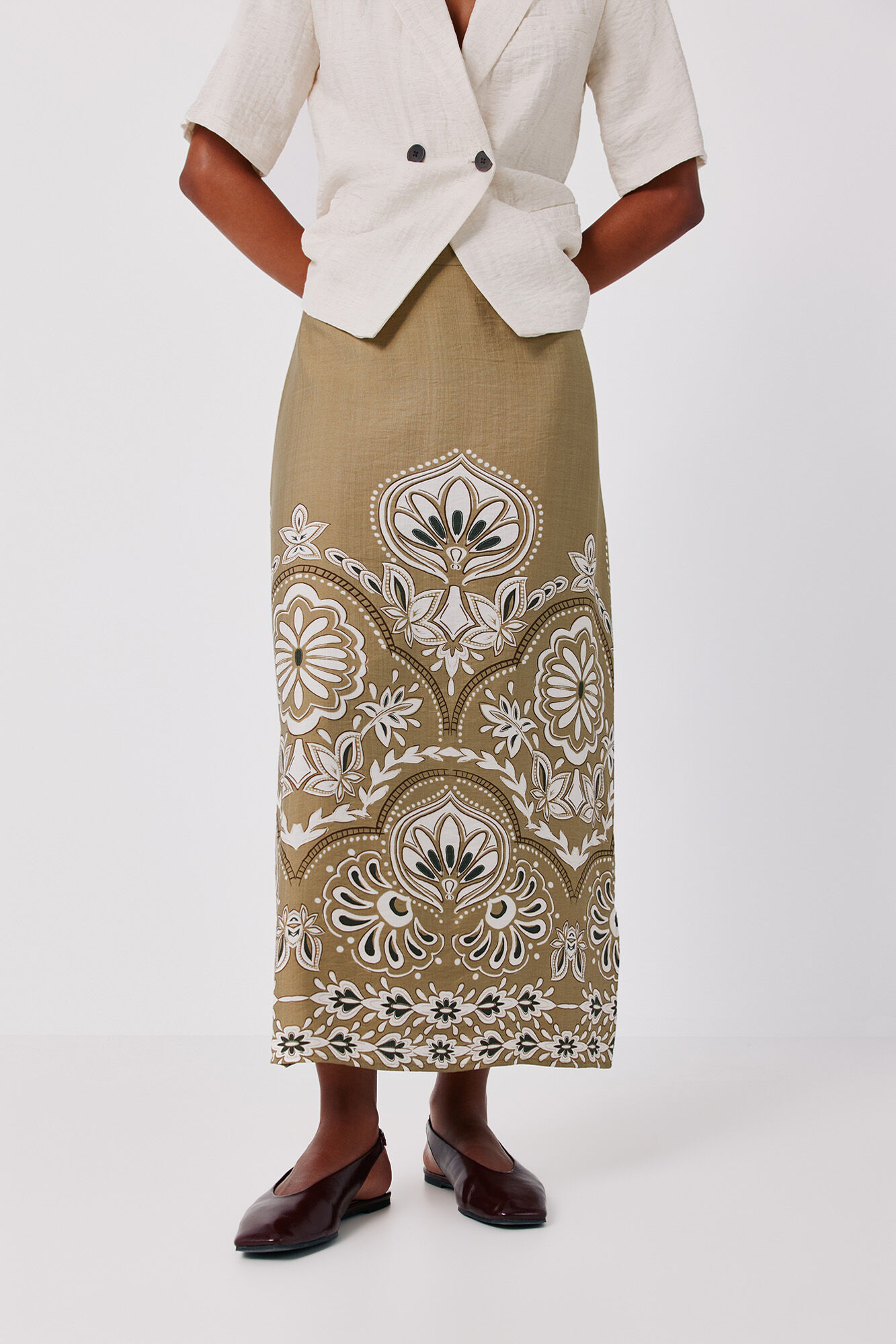 Cortefiel Printed straight skirt Green