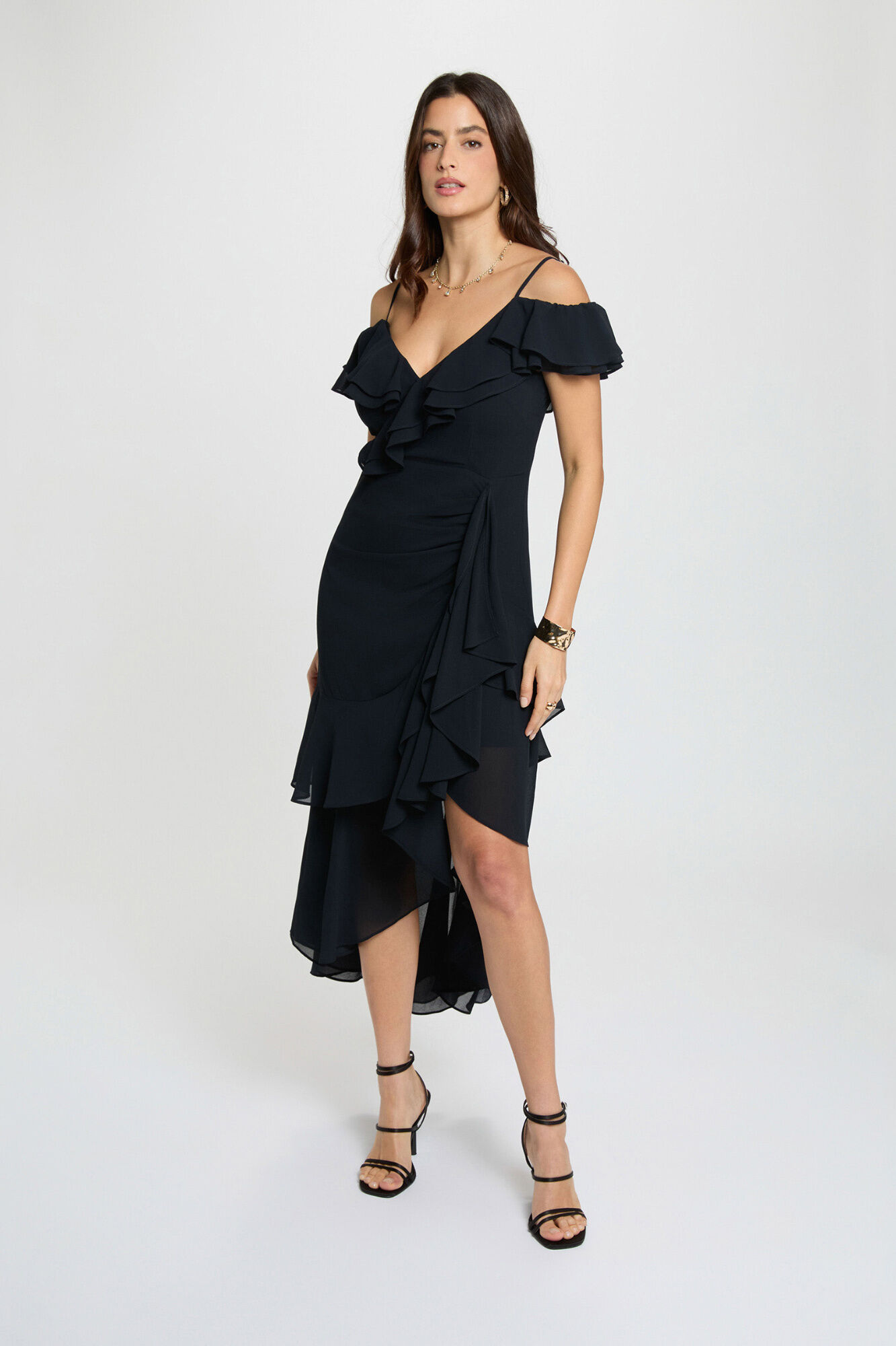 Morgan Vestido midi reto com folhos