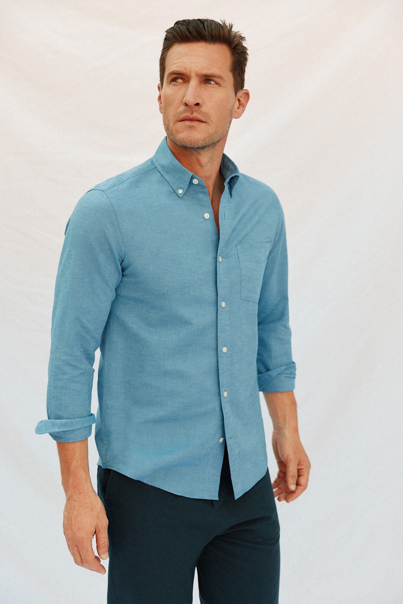 Cortefiel Camisa linho algod&atilde;o liso Azul