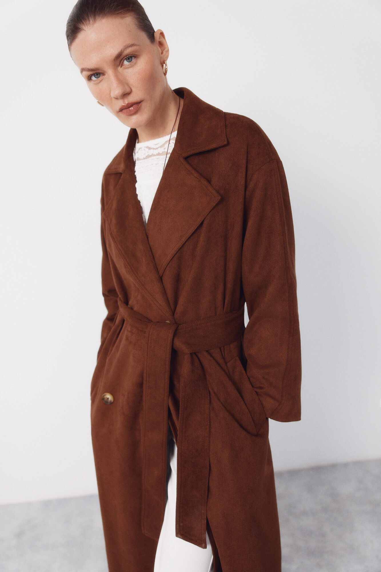 Cortefiel Long trench coat with suede effect