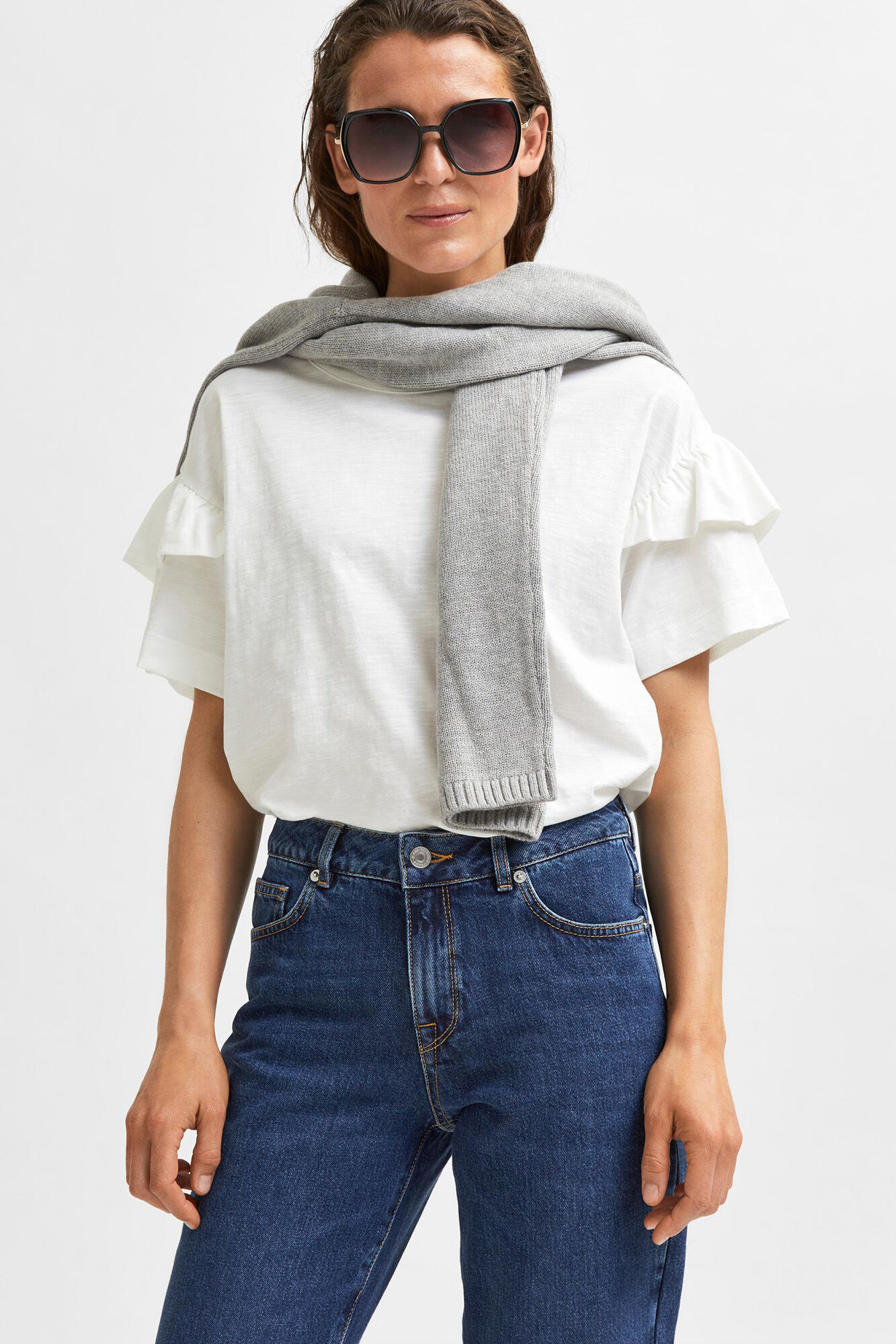 Selected Femme Top de manga corta con volantes 100% algod&oacute;n org&aacute;nico Blanco