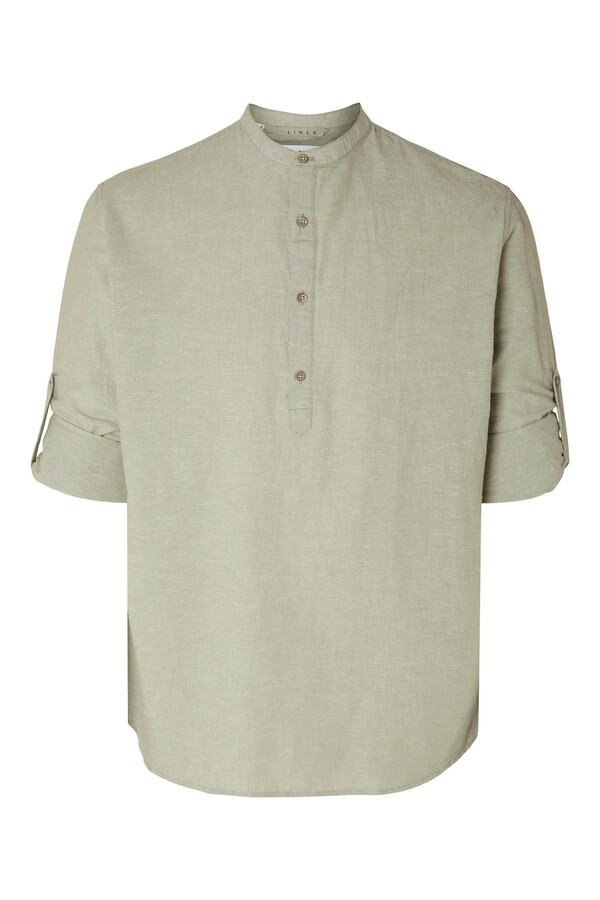 Cortefiel Camisa de cuello mao y manga multiposición confeccionada con lino y algodón reciclado. Verde