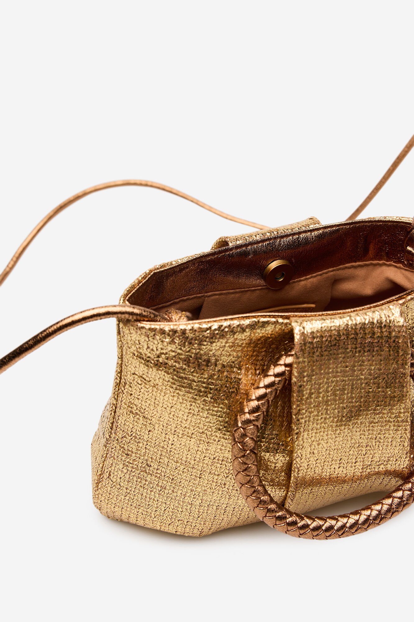Cortefiel Raffia shoulder bag with braided handle Gold