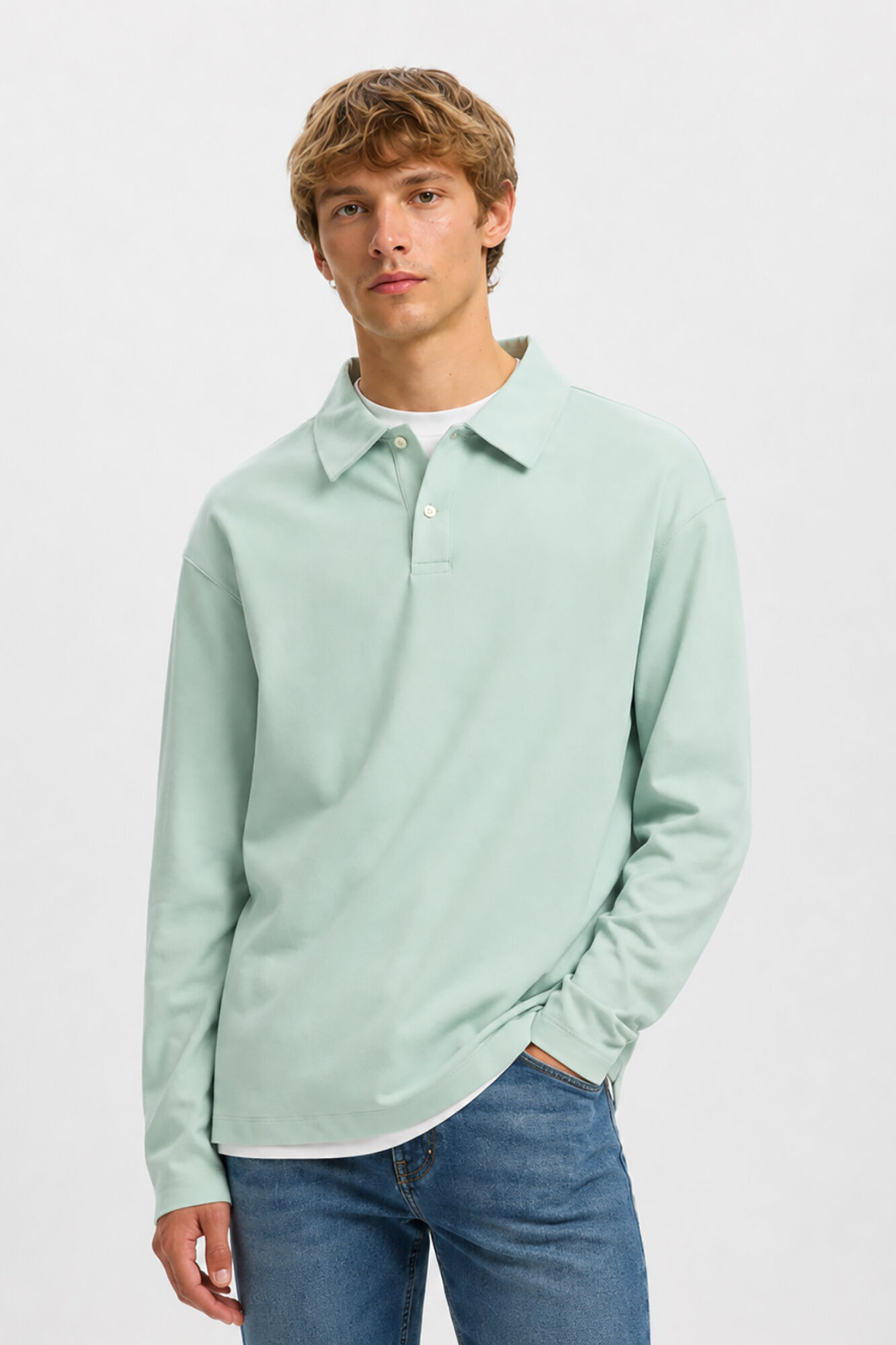Selected Polo manga comprida relax Verde