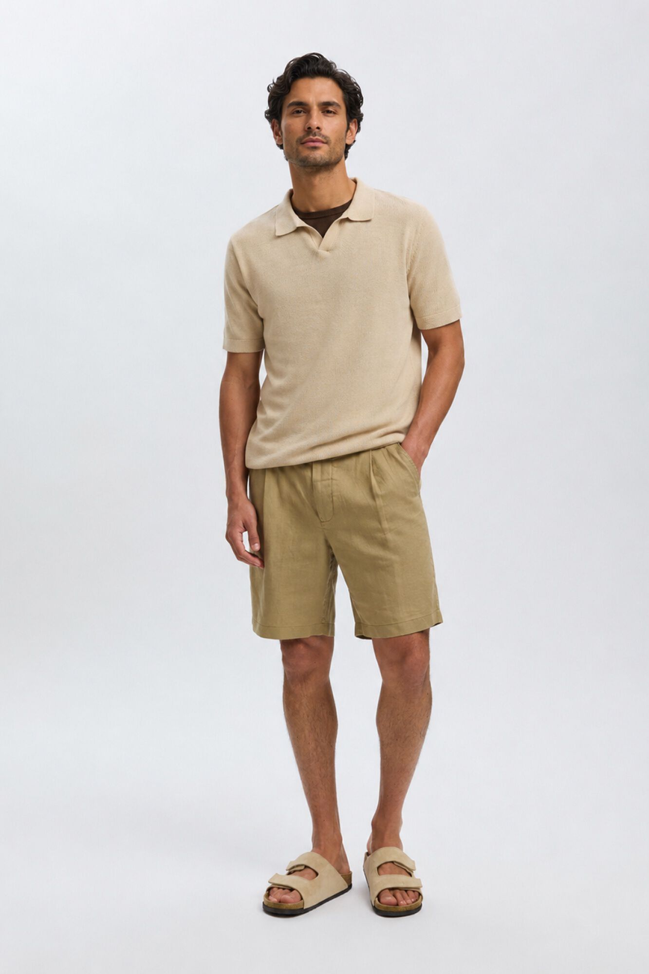 Selected Polo de malha com gola aberta Tostado