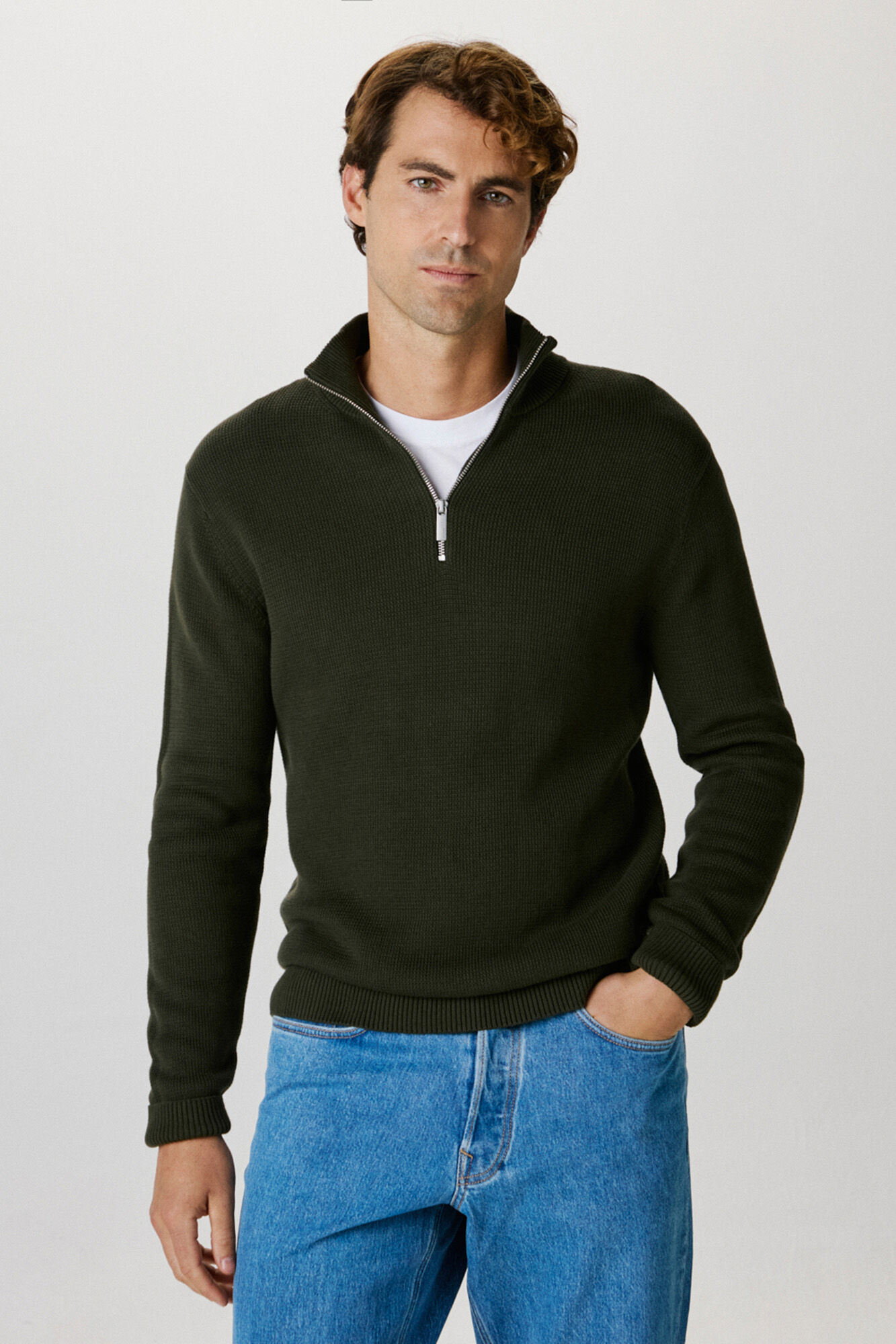Selected High neck , stockings zip fastening sweater made from 100% organic cotton. Dark green