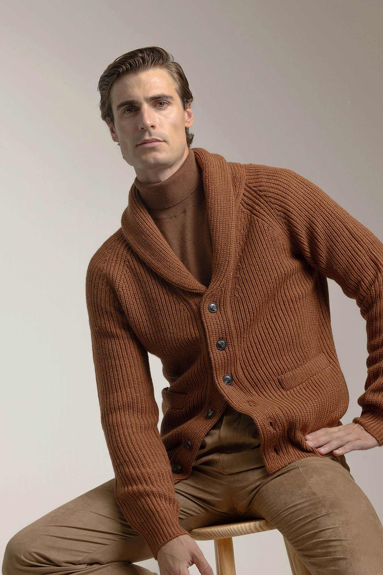 PuroEGO C&aacute;rdigan canelado gola xale Laranja