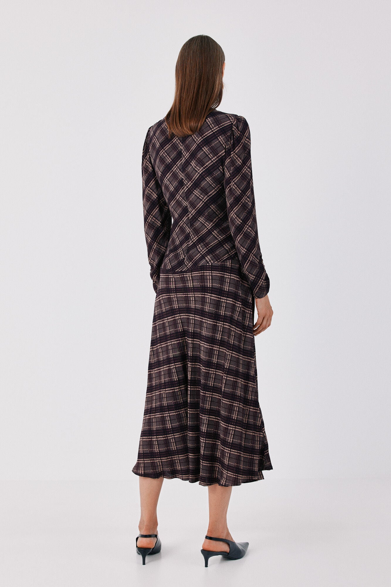 Cortefiel Plaid print ruched dress Printed grey