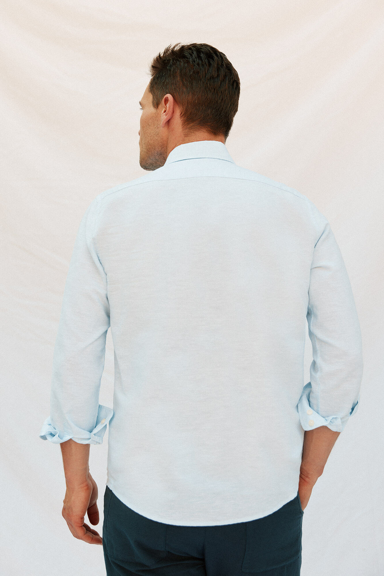 Cortefiel Plain linen/cotton shirt Blue