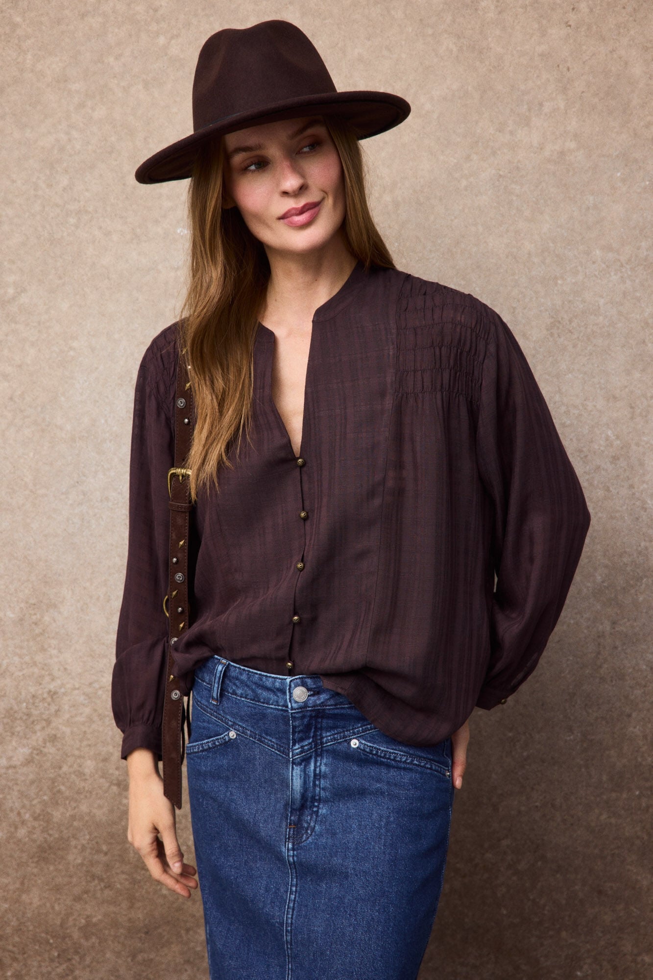 Slowlove Blusa com franzido e mangas bufantes