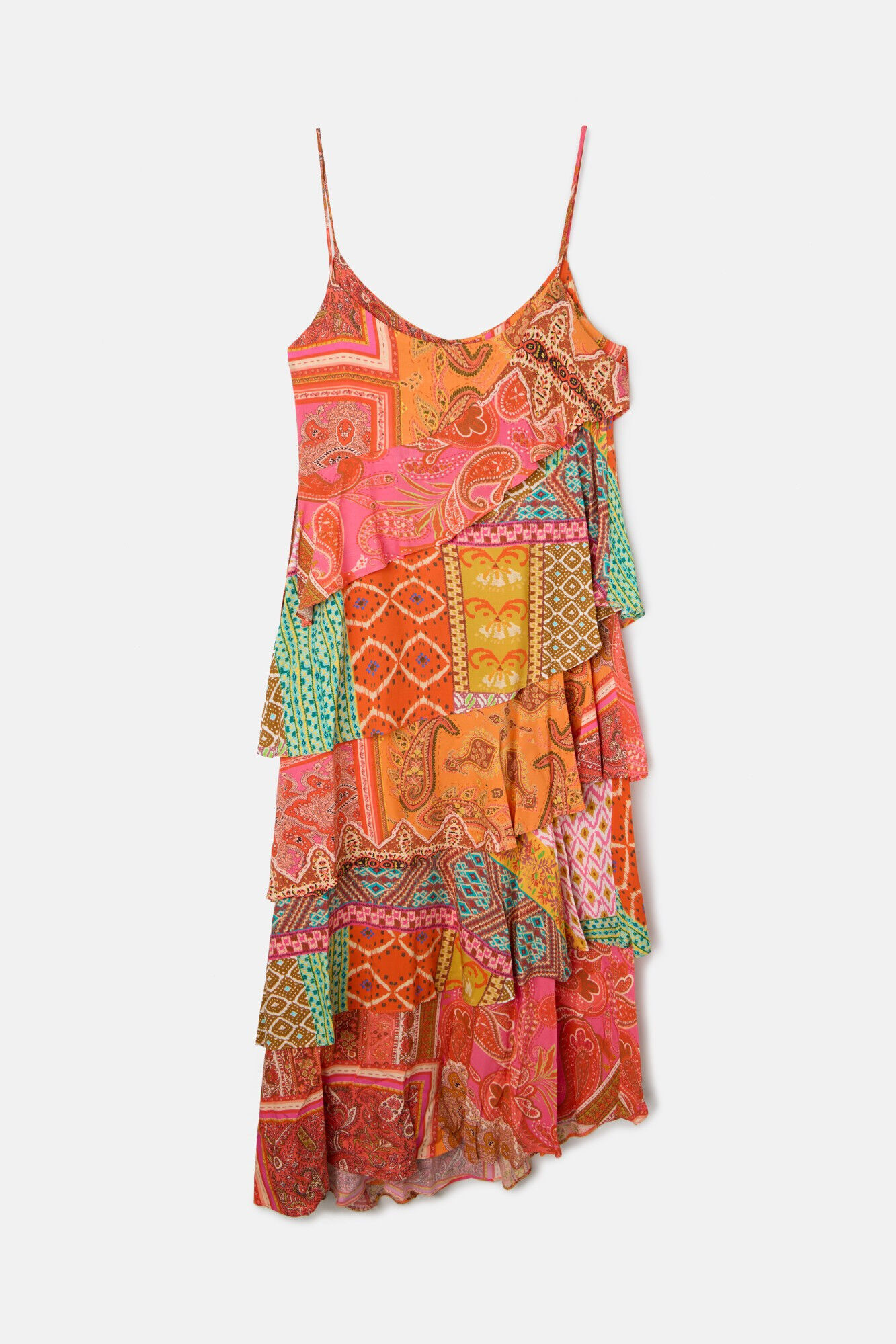 Silbon Vestido longo com estampado patchwork e babados Multicolorido