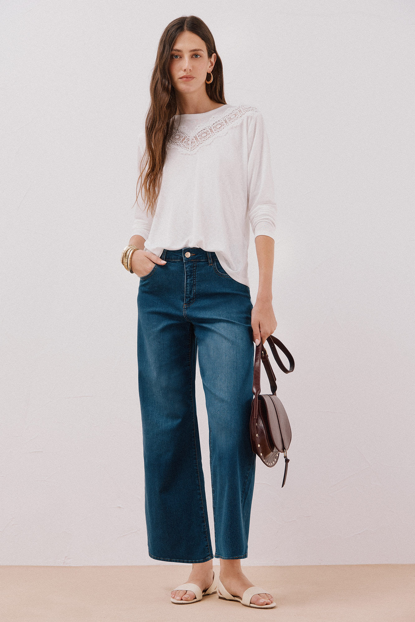 Cortefiel Floral lace detail t-shirt White