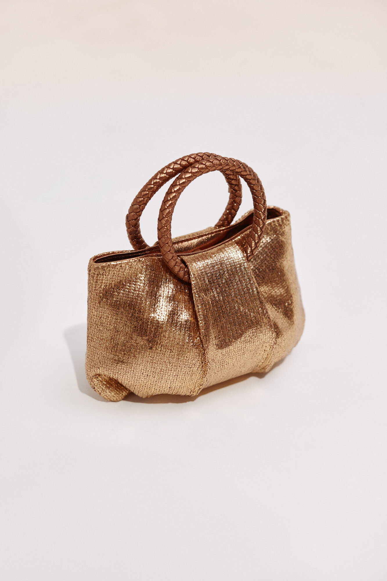 Cortefiel Raffia shoulder bag with braided handle Gold