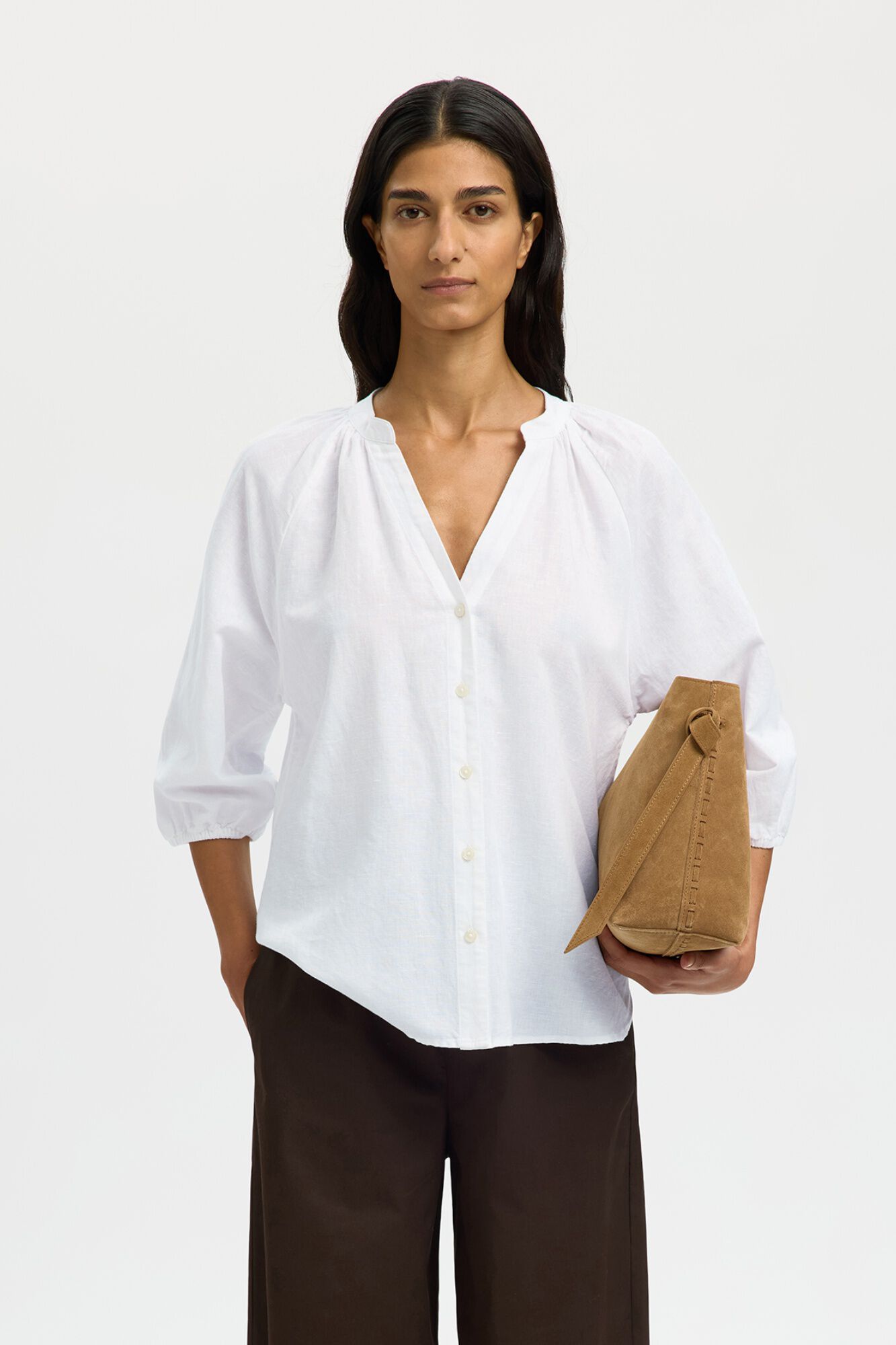 Selected Linen 3/4 sleeve blouse White