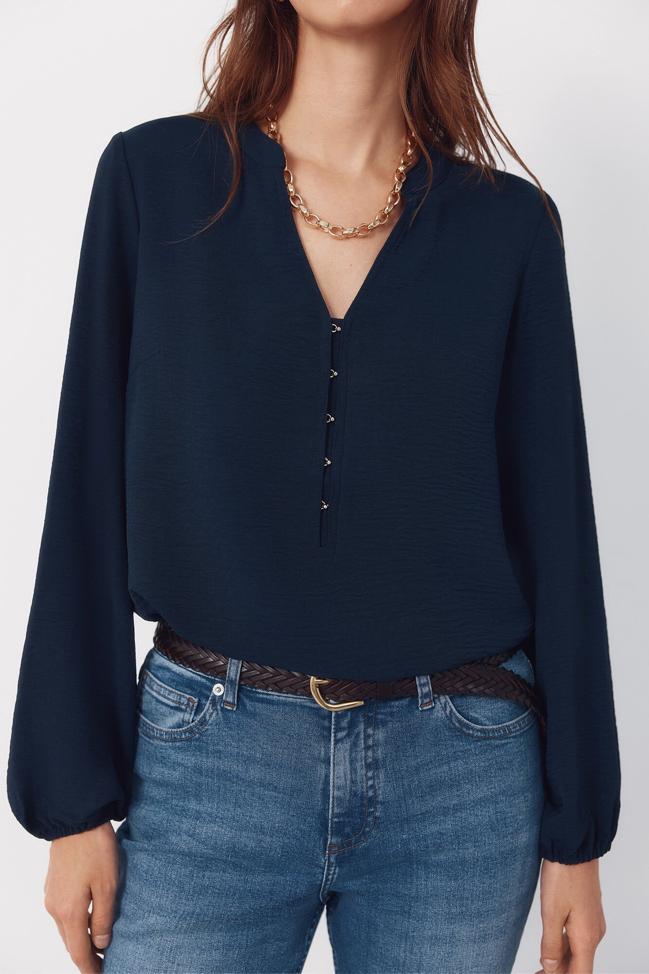 Cortefiel Mandarin blouse with buttons Navy