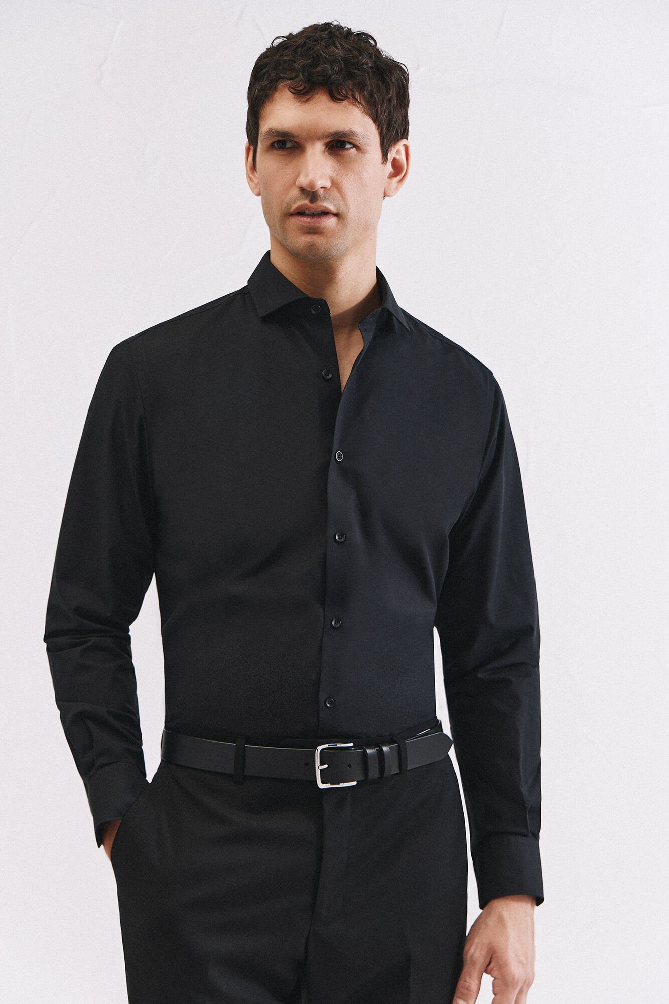 Cortefiel Slim fit easy-iron ottoman dress shirt Black
