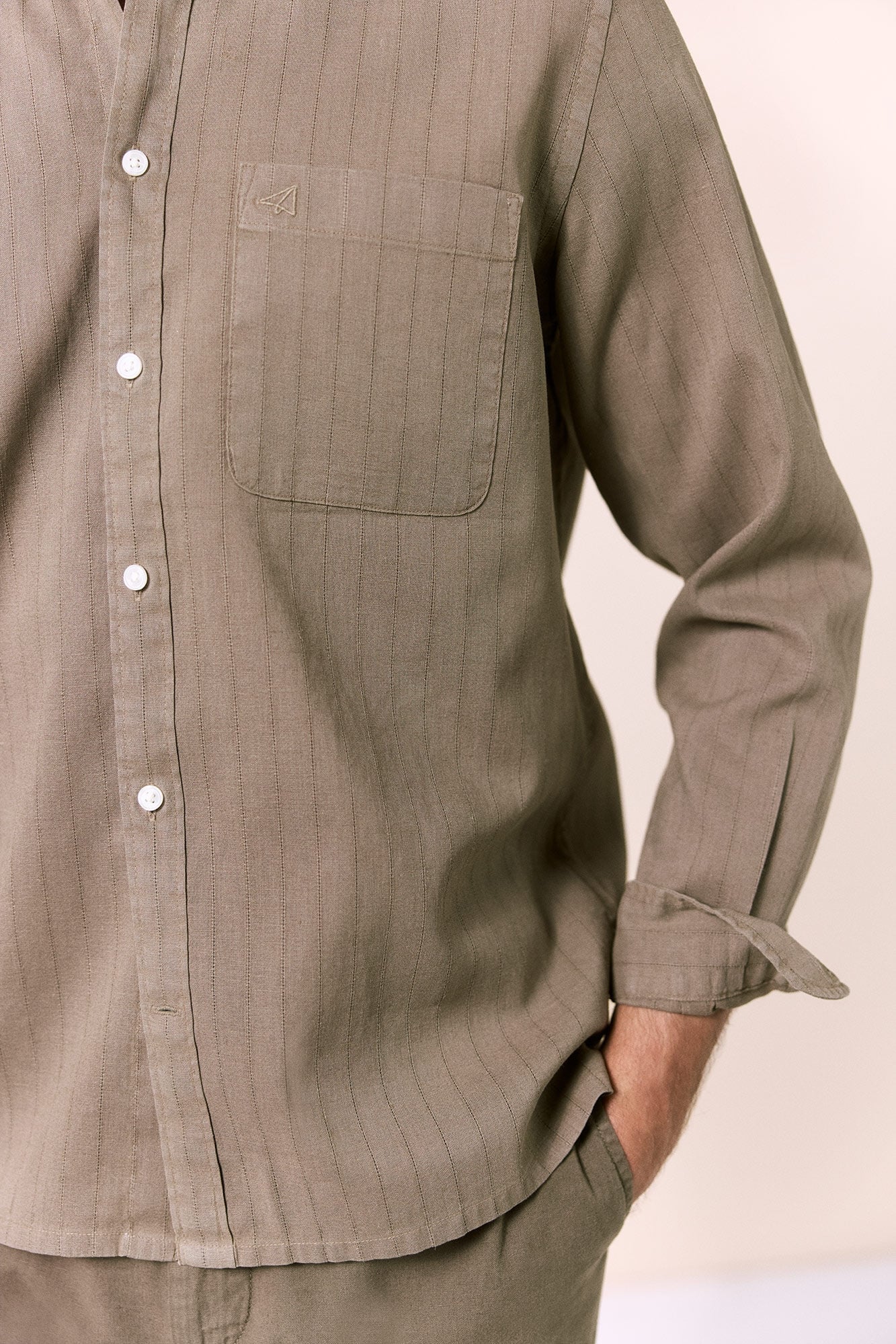 OOTO Camisa de linho de manga comprida &agrave;s riscas Verde