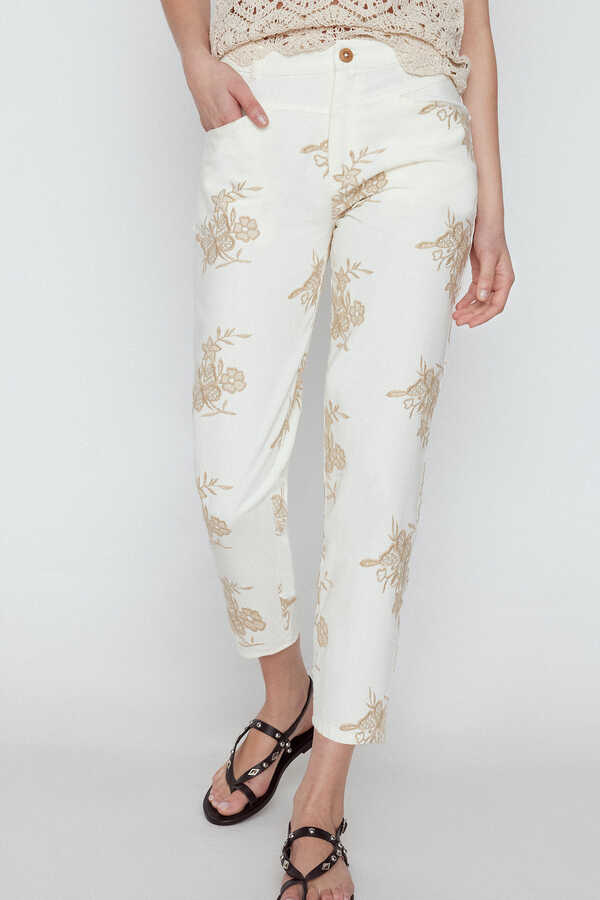 Cortefiel Embroidered cotton trousers Beige