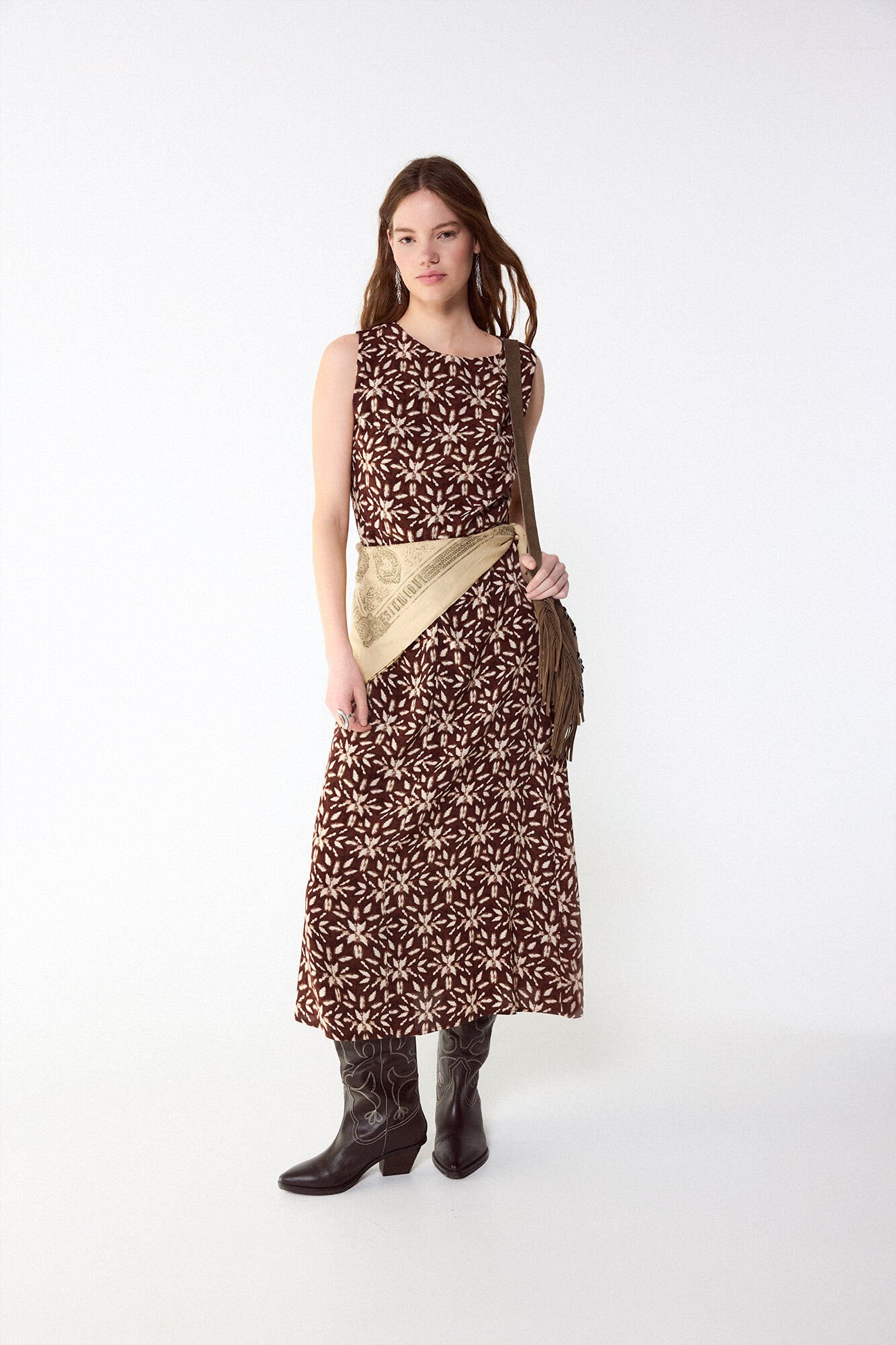 Slowlove Vestido estampado com franzido Castanho