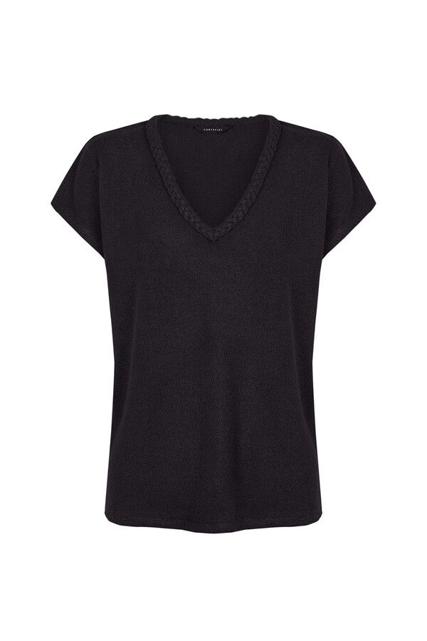 Cortefiel Embroidered braided cable knit top Black
