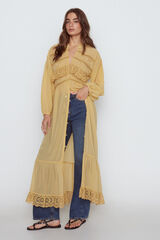 Cortefiel Embroidered kaftan with lace Gold