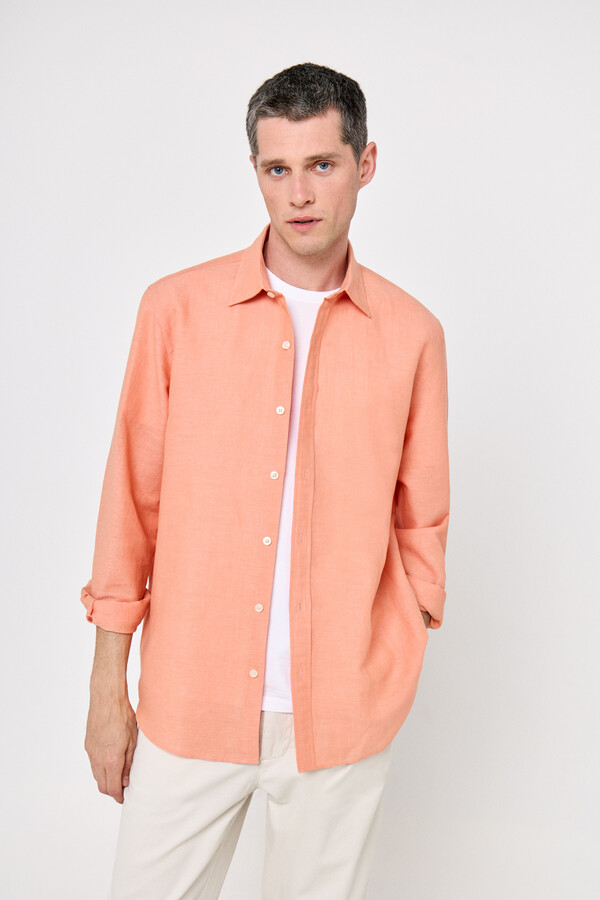 Cortefiel Camisa lino algodón liso Naranja