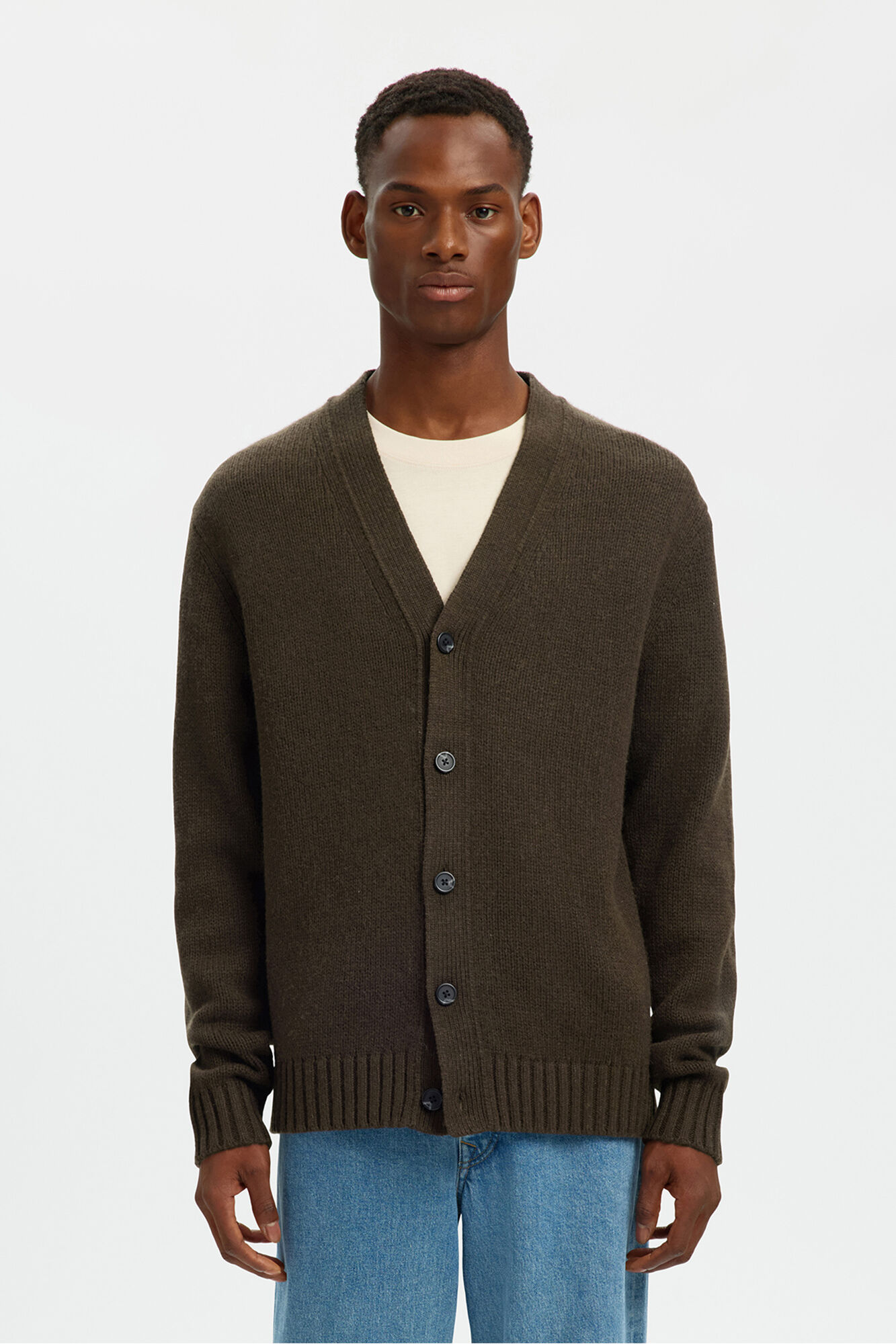 Selected Casaco de malha de l&atilde; com gola em V Castanho