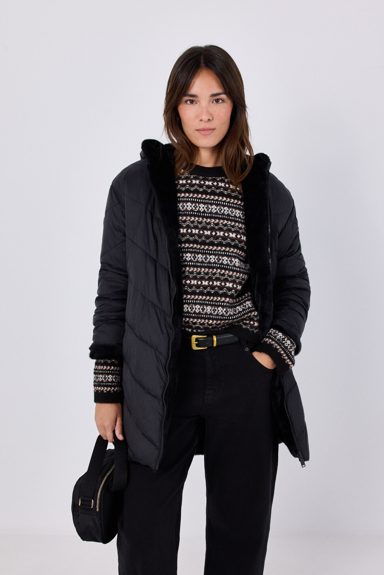 Cortefiel Anorak acolchado reversible efecto pelo Negro
