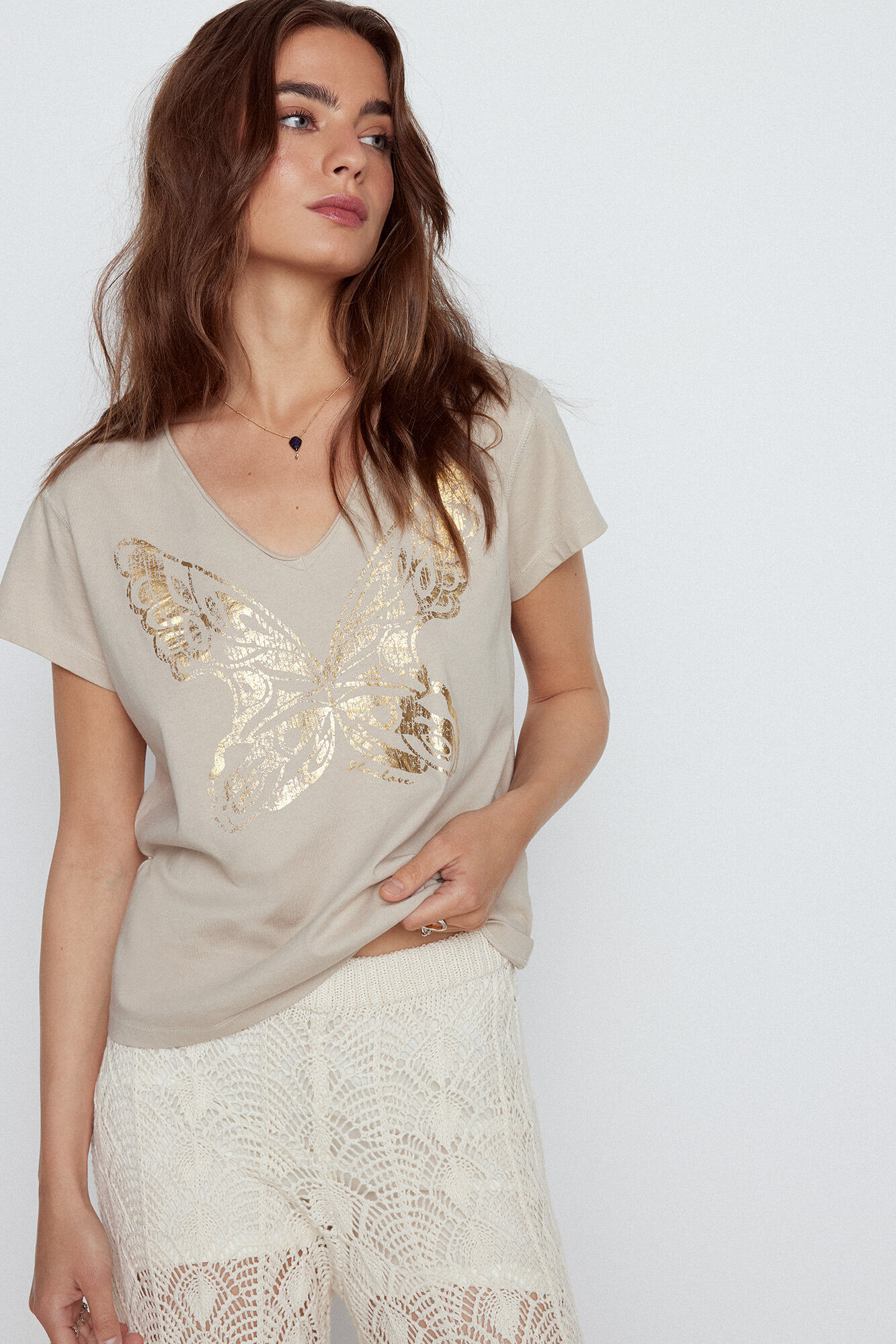 Slowlove Foil butterfly T-shirt Beige