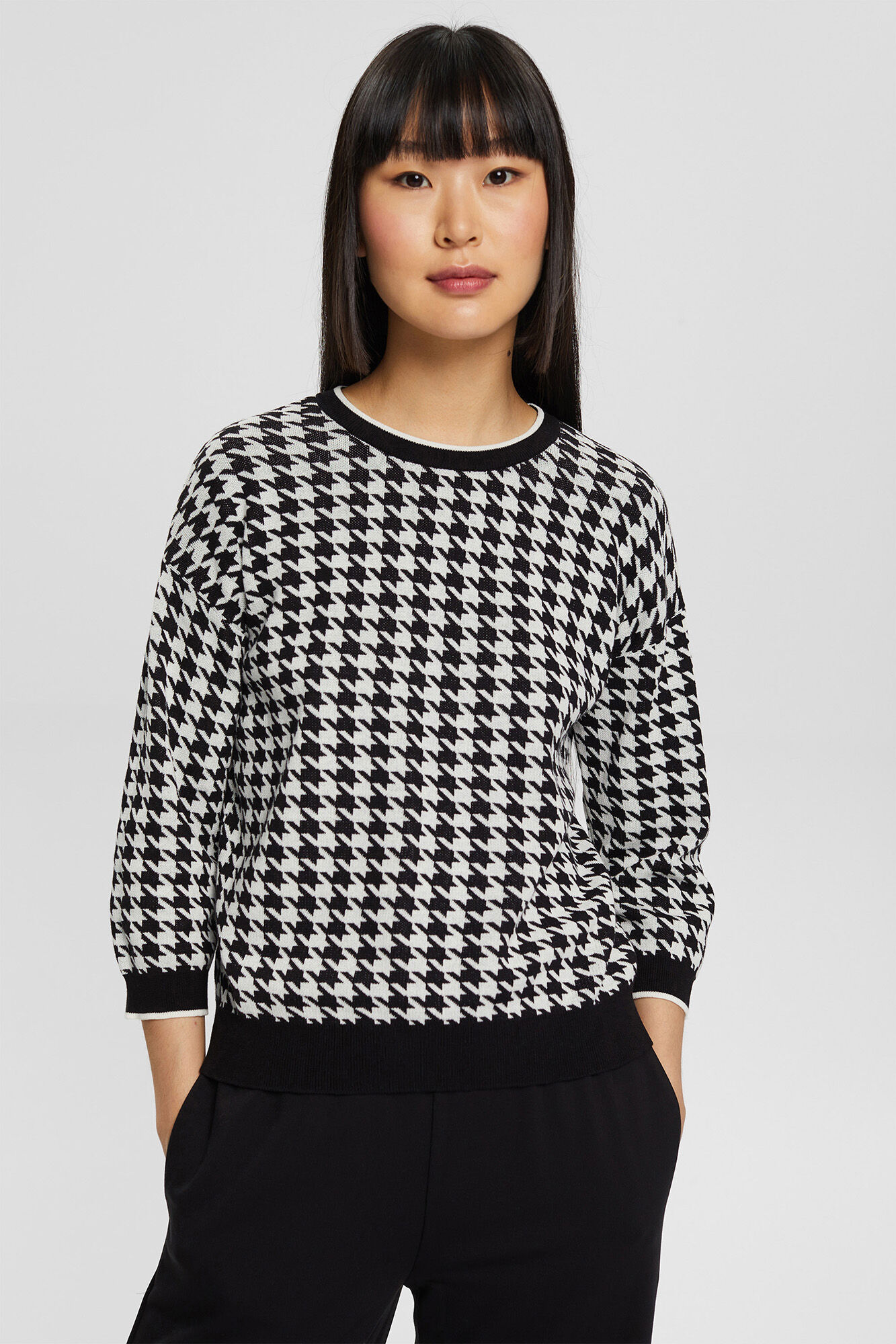 Esprit Jersey cuadros algod&oacute;n manga 3/4 Estampado blanco