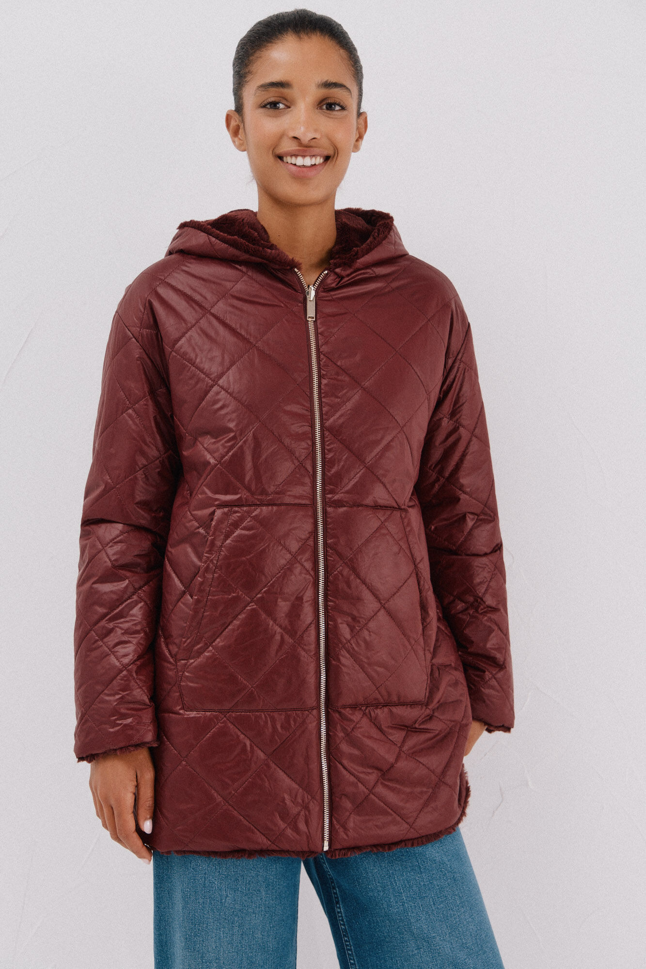 Cortefiel reversible quilted anorak with fur effect Maroon