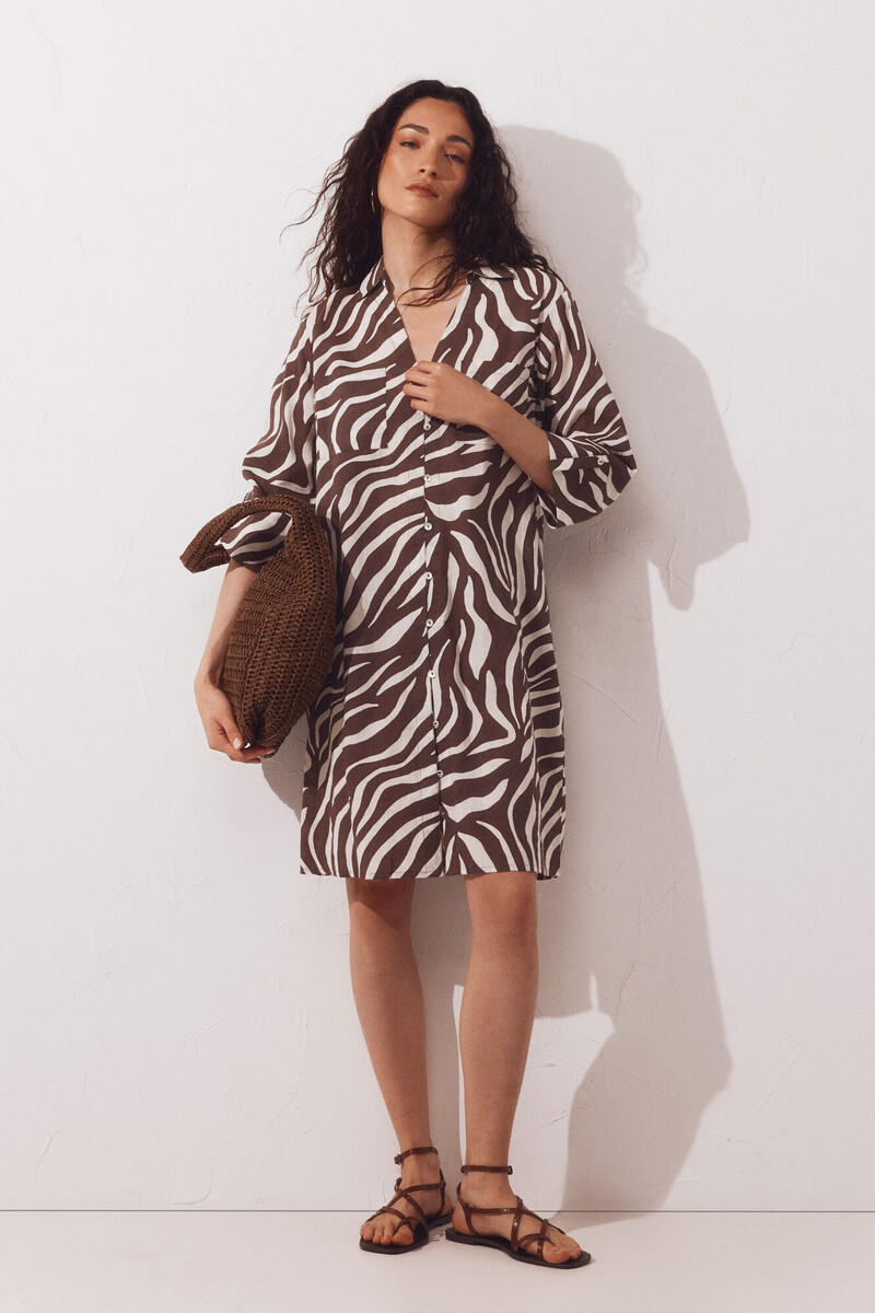 Cortefiel Printed cotton shirt kaftan Printed brown