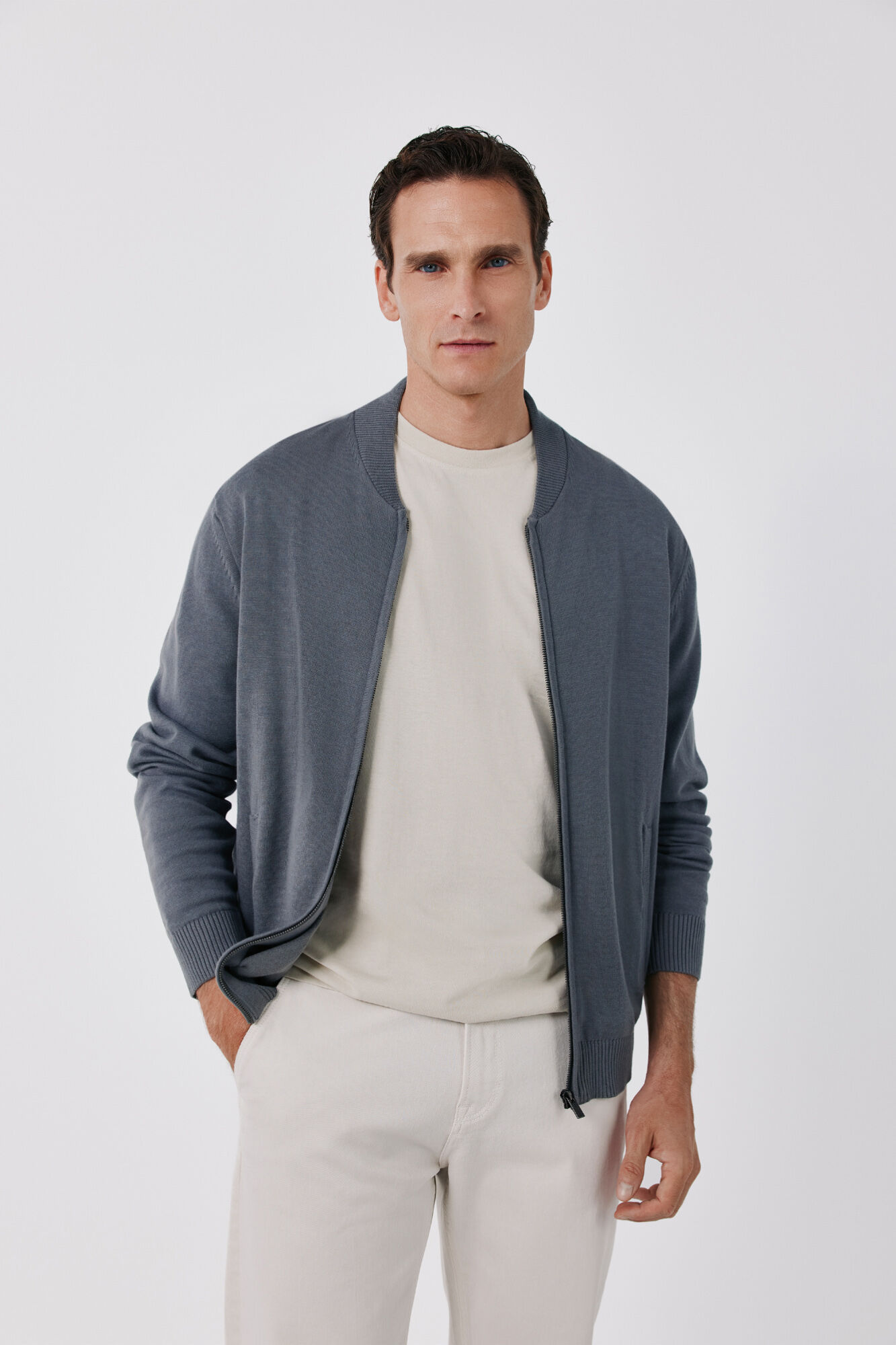 Cortefiel Cotton fine knit zip fastening cardigan