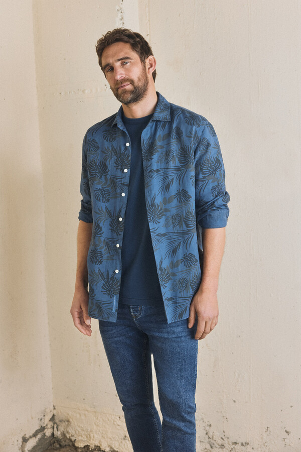 Cortefiel Linen/cotton long-sleeved shirt Blue