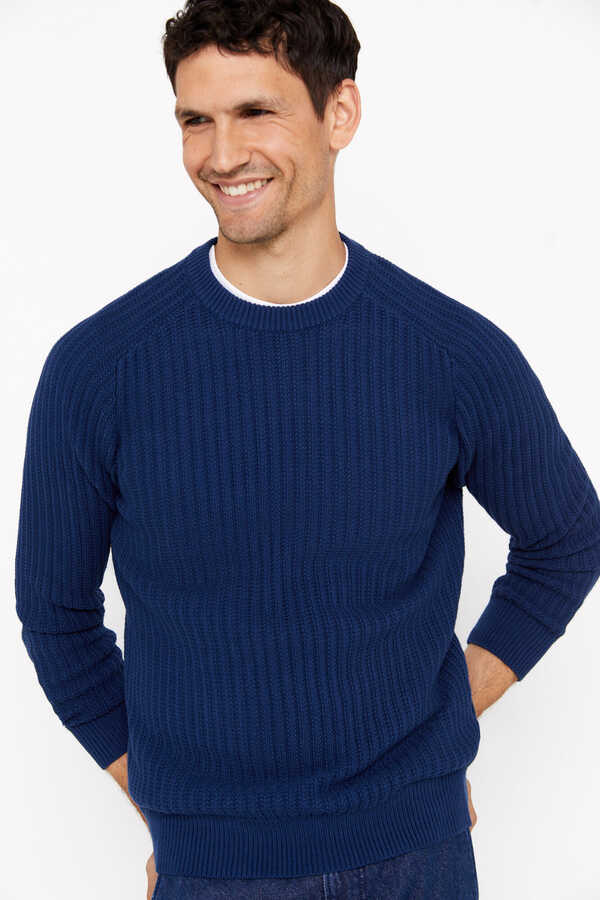 Cortefiel Textured cotton jumper with round neck Blue