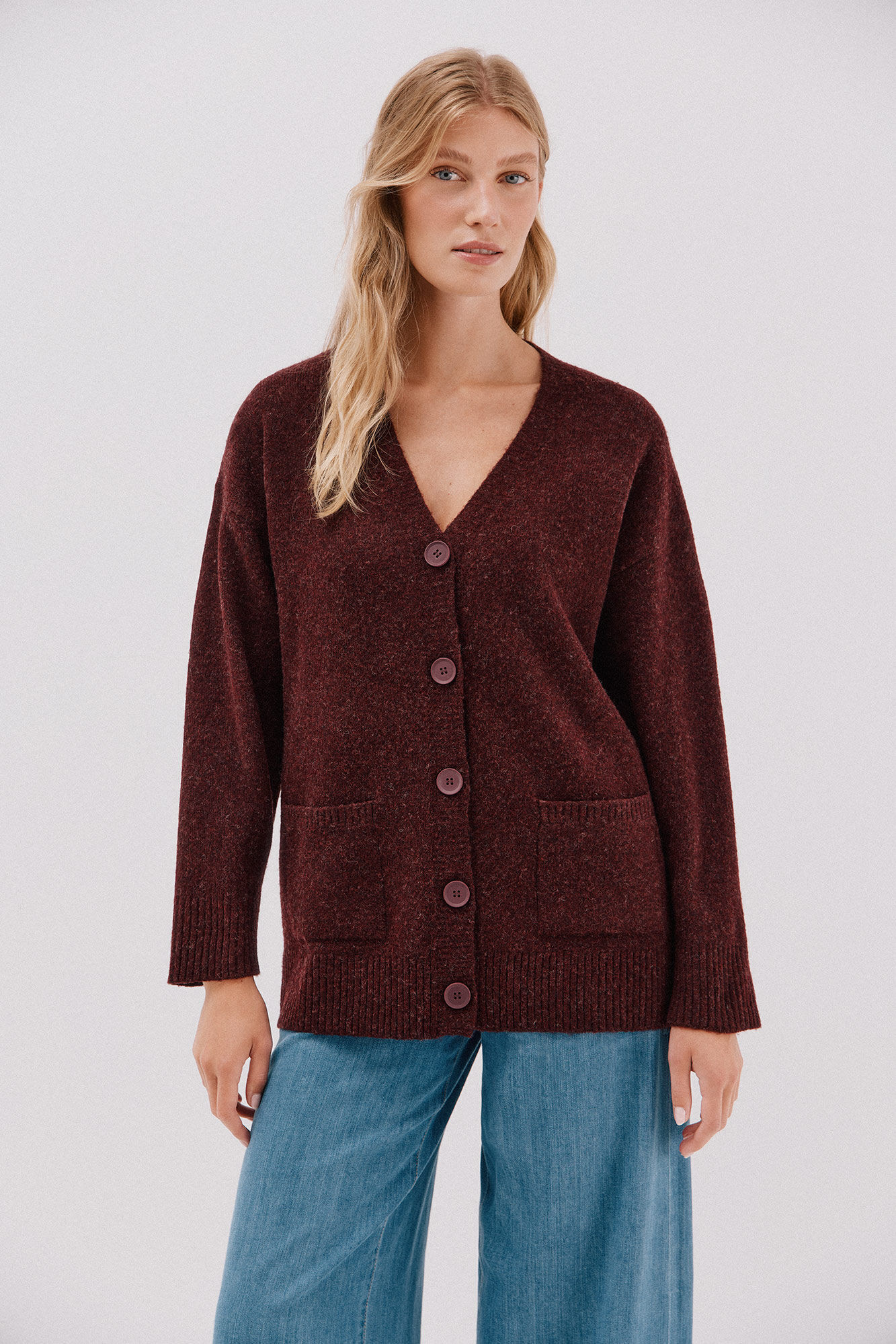 Cortefiel Long cardigan with pockets Maroon