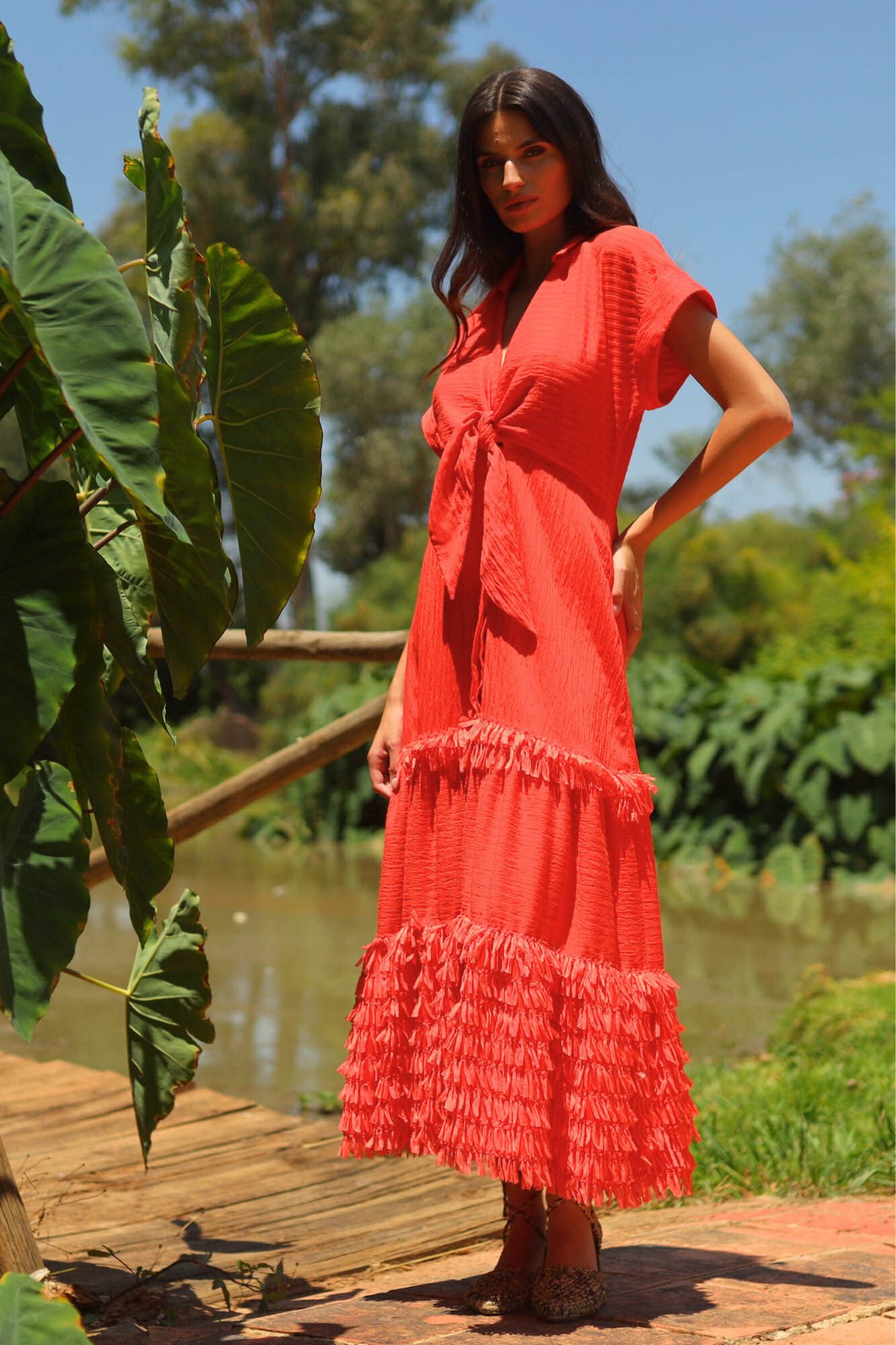 Panambi Vestido de linho vermelho com franjas Vermelho