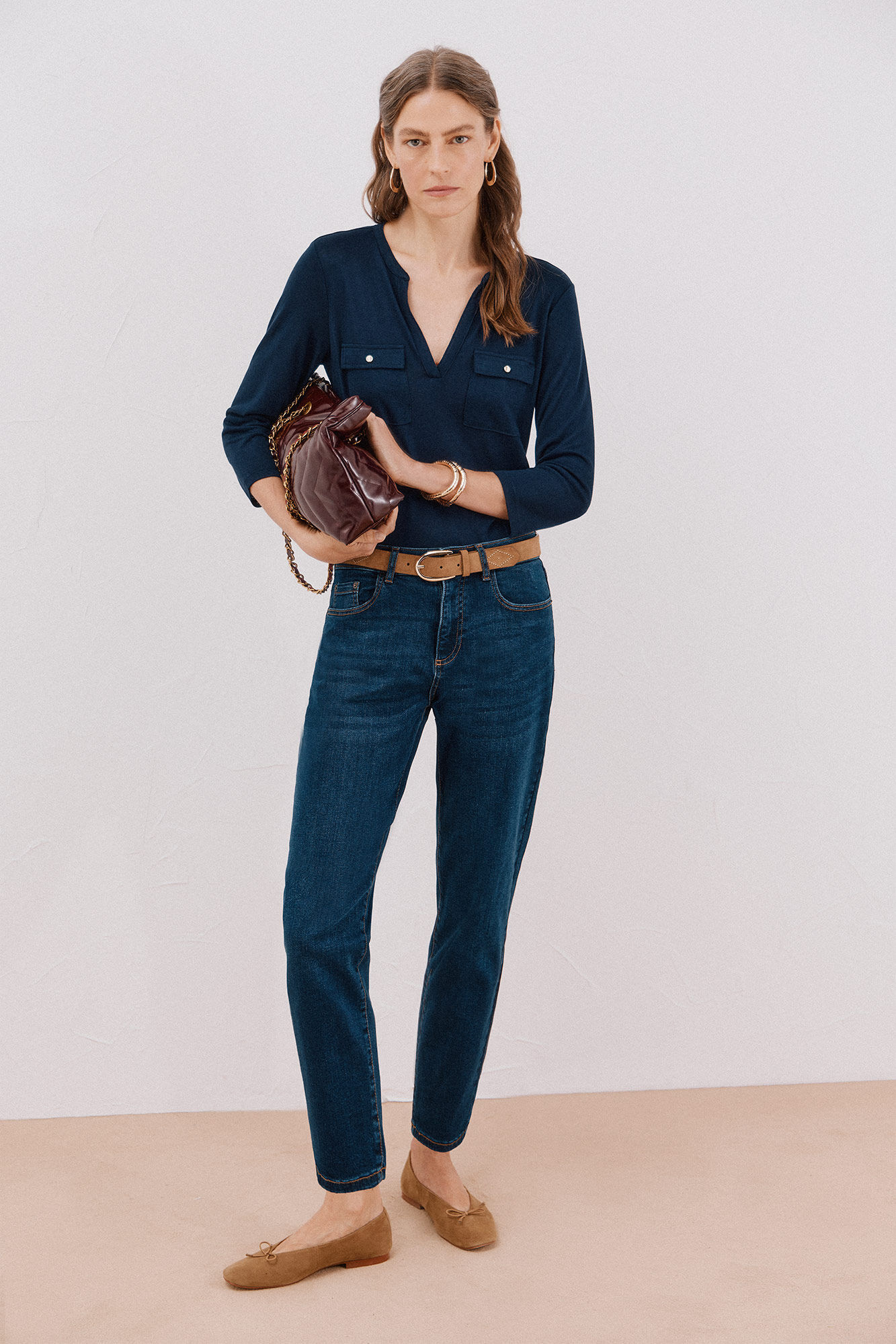 Cortefiel linen effect mandarin collar T-shirt Navy