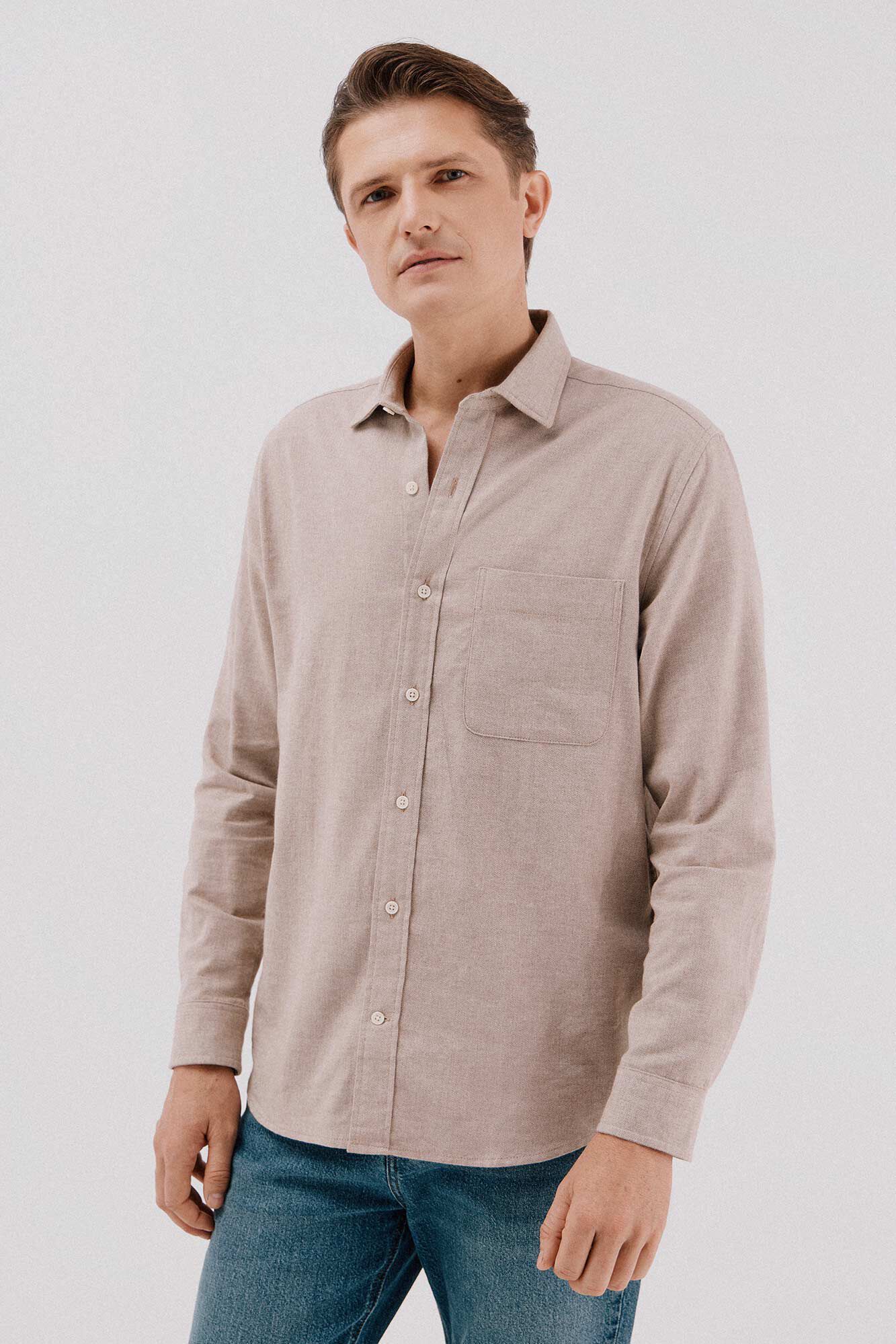 Cortefiel Flannel herringbone shirt Beige